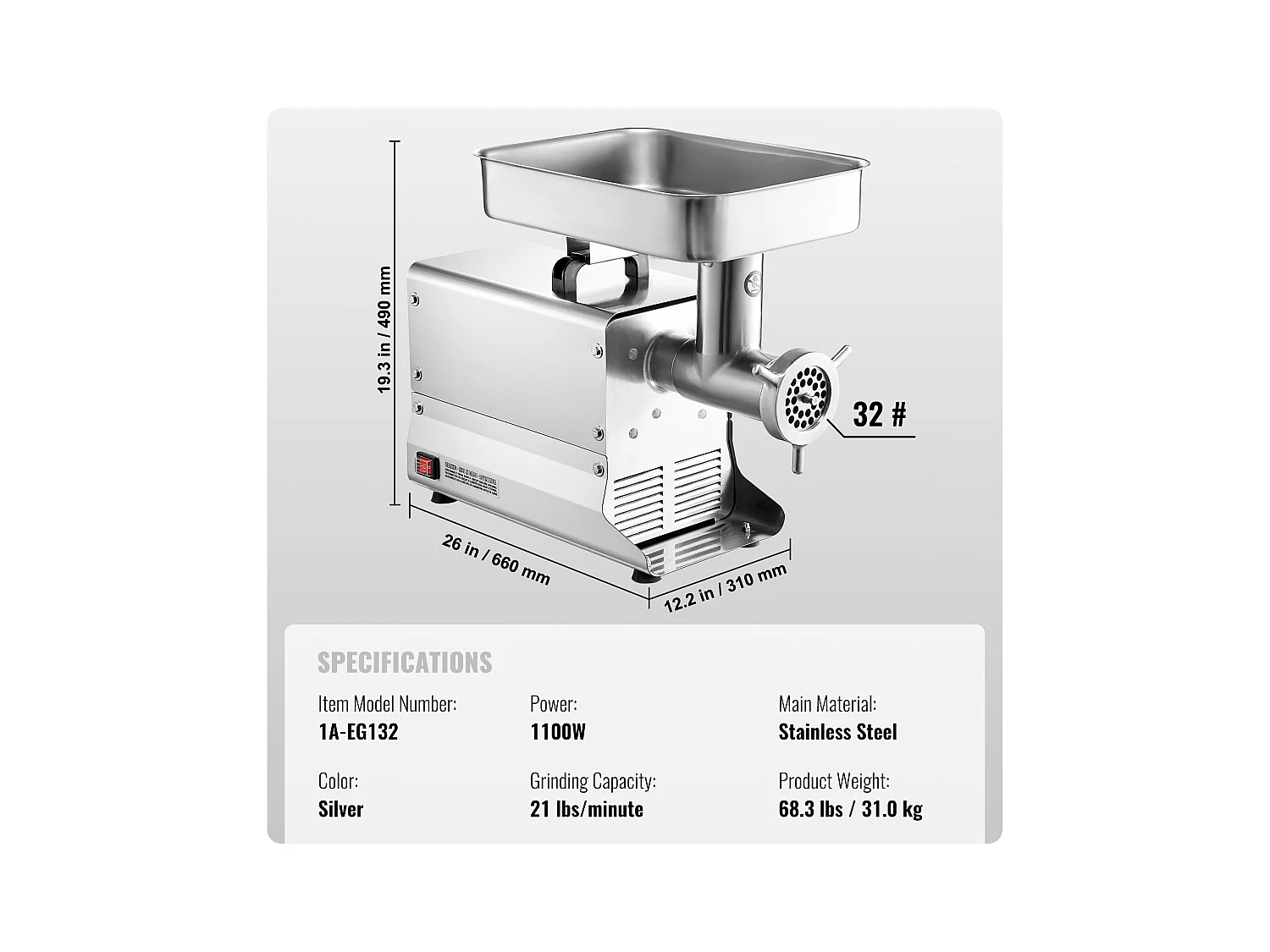 Maszynka do Mięsa SucceBuy Commercial 9.5kg/min, Stal Nierdzewna, Wysoka Wydajność do Kuchni i Firm