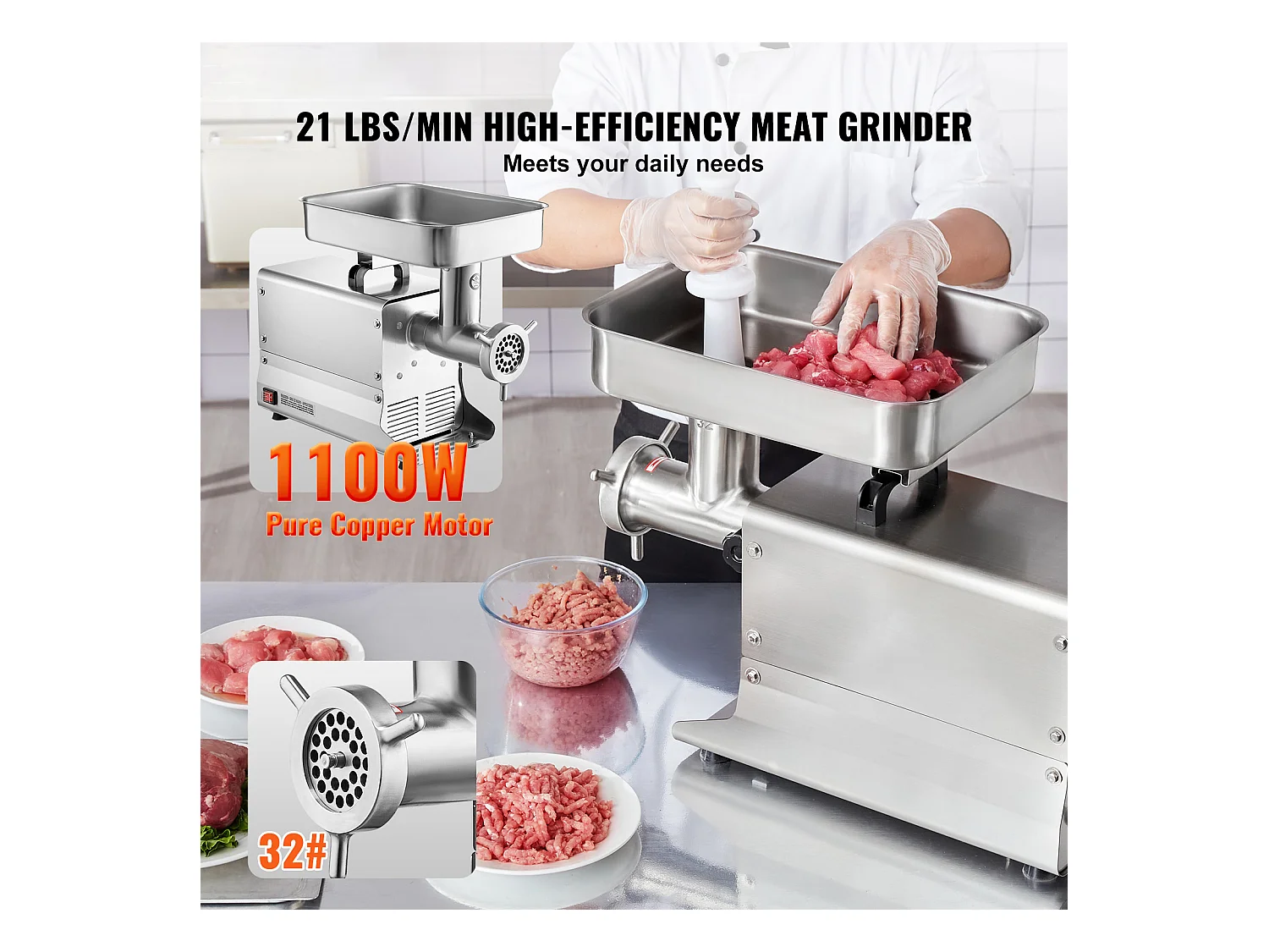 Maszynka do Mięsa SucceBuy Commercial 9.5kg/min, Stal Nierdzewna, Wysoka Wydajność do Kuchni i Firm