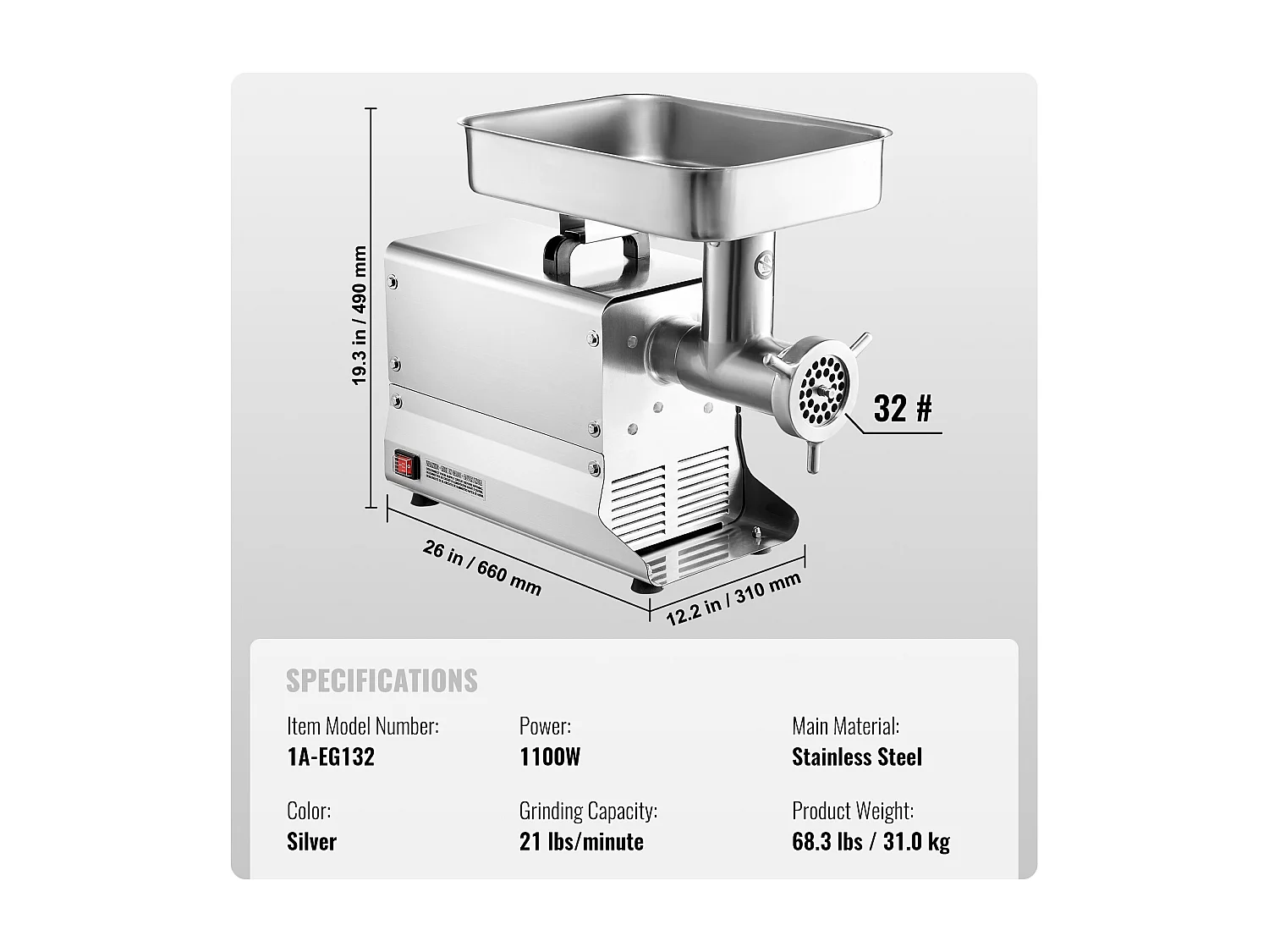 Hachoir à Viande SucceBuy Commercial 9.5kg/min, Acier Inoxydable, Haute Performance pour la Cuisine et les Entreprises