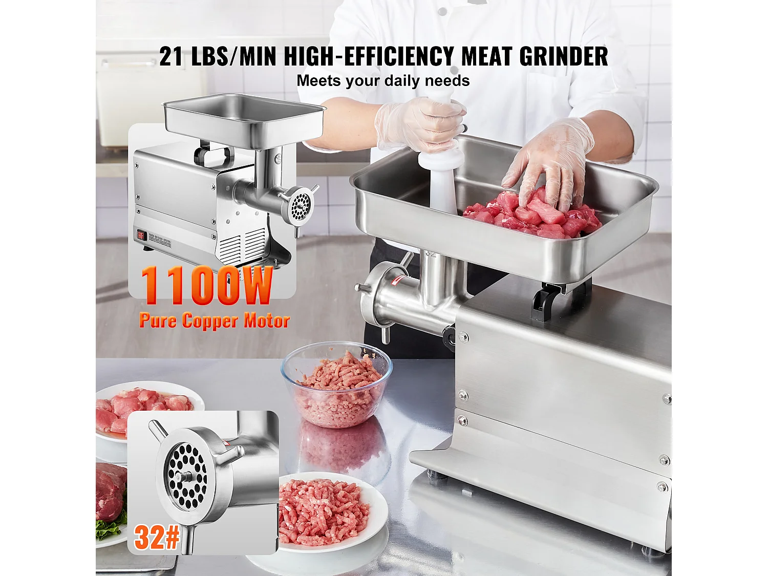 Hachoir à Viande SucceBuy Commercial 9.5kg/min, Acier Inoxydable, Haute Performance pour la Cuisine et les Entreprises