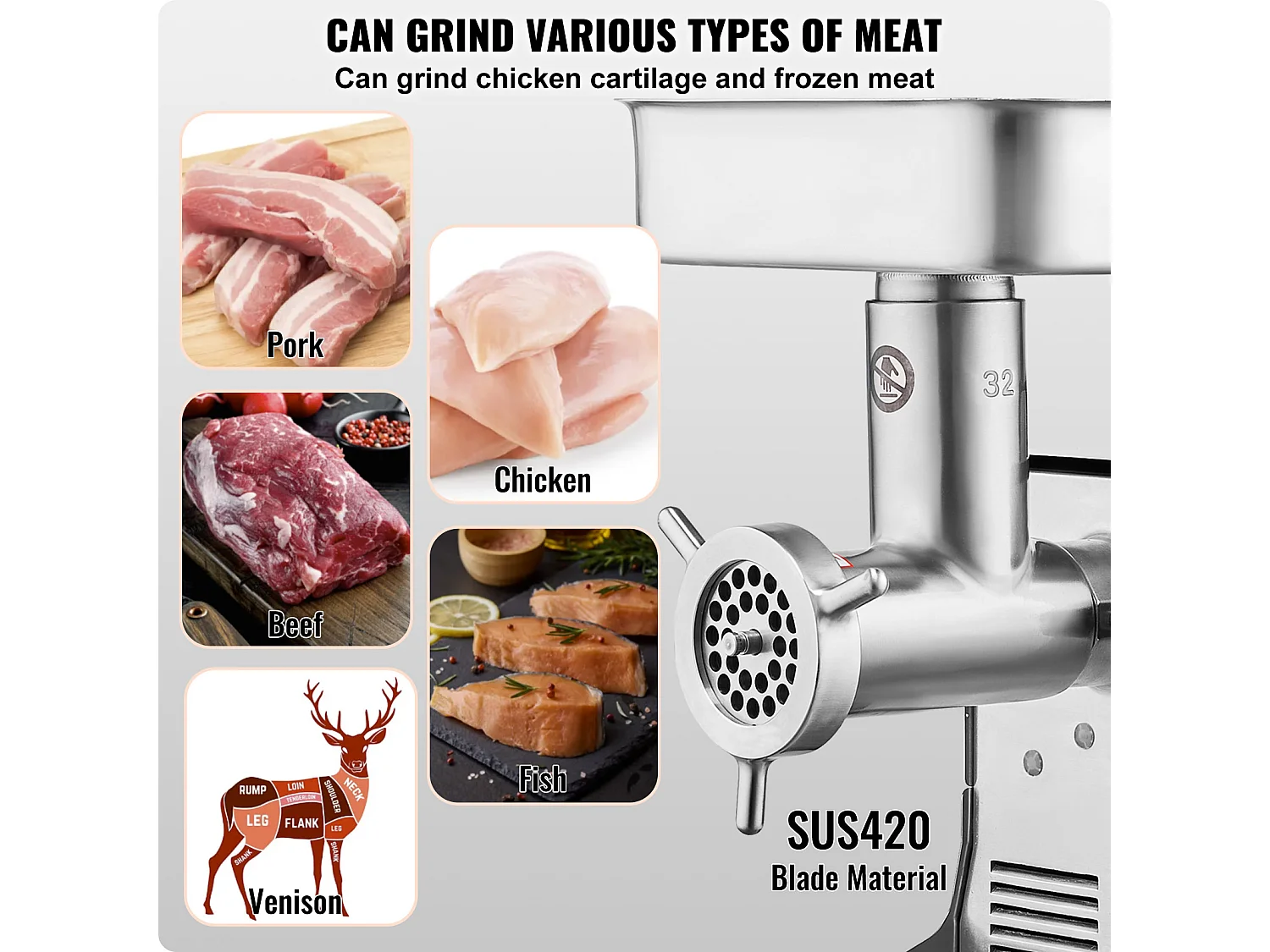 Hachoir à Viande SucceBuy Commercial 9.5kg/min, Acier Inoxydable, Haute Performance pour la Cuisine et les Entreprises