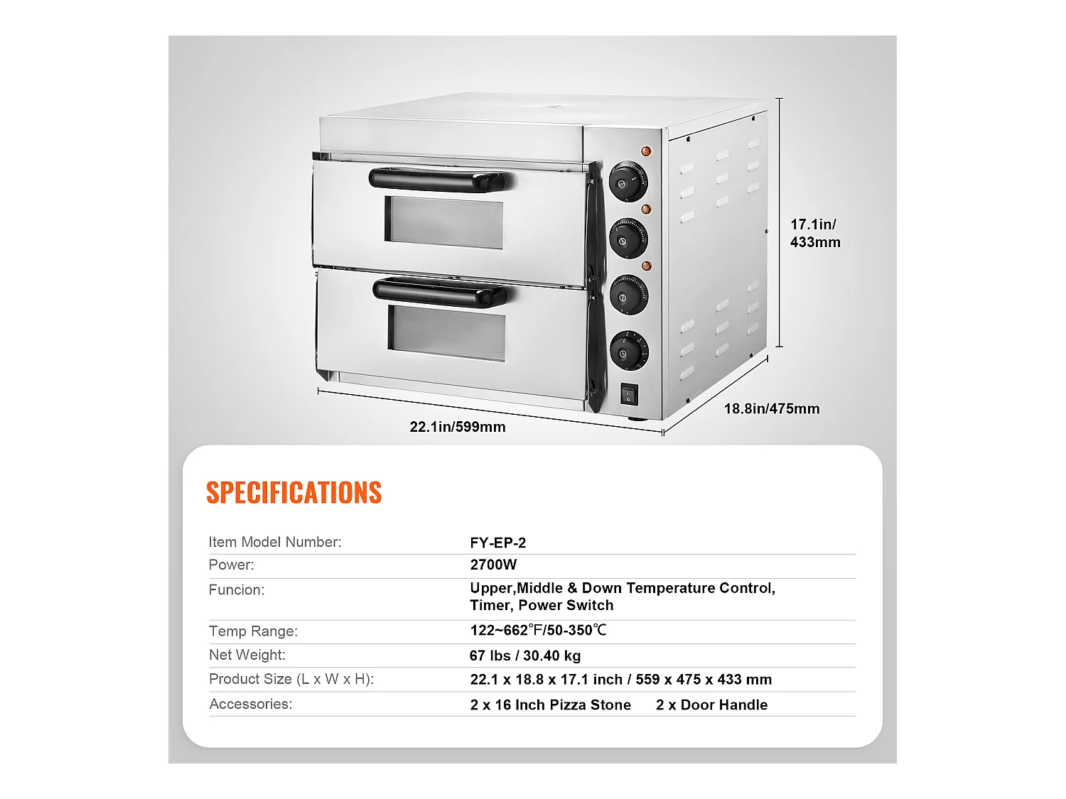 Elektrische Pizzaofen SucceBuy Commercial Fortgeschritten für die Theke – 40,6 cm Doppelte Ebene, Edelstahl, Elektrisches Backvergnügen