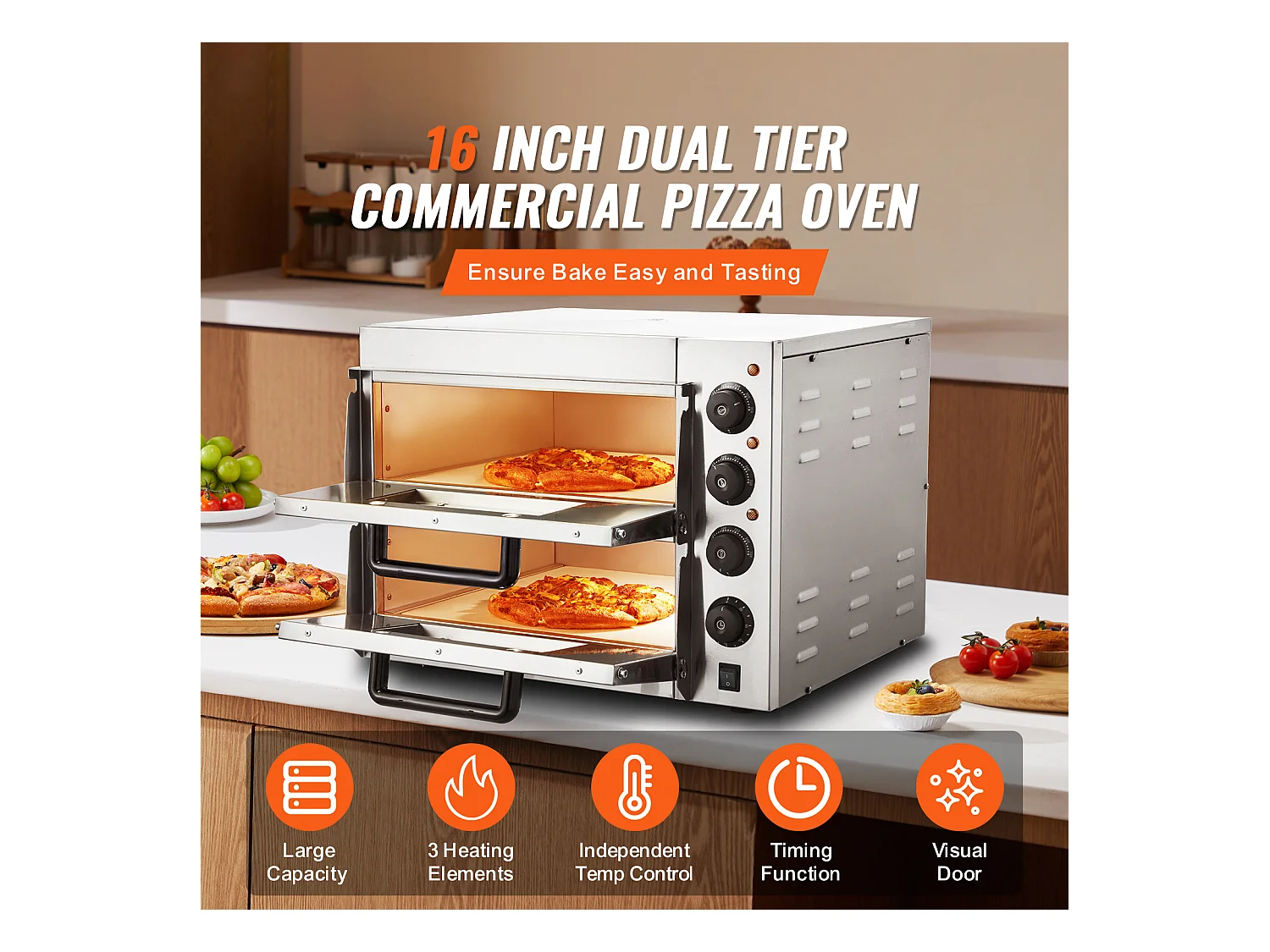 Elektrische Pizzaofen SucceBuy Commercial Fortgeschritten für die Theke – 40,6 cm Doppelte Ebene, Edelstahl, Elektrisches Backvergnügen