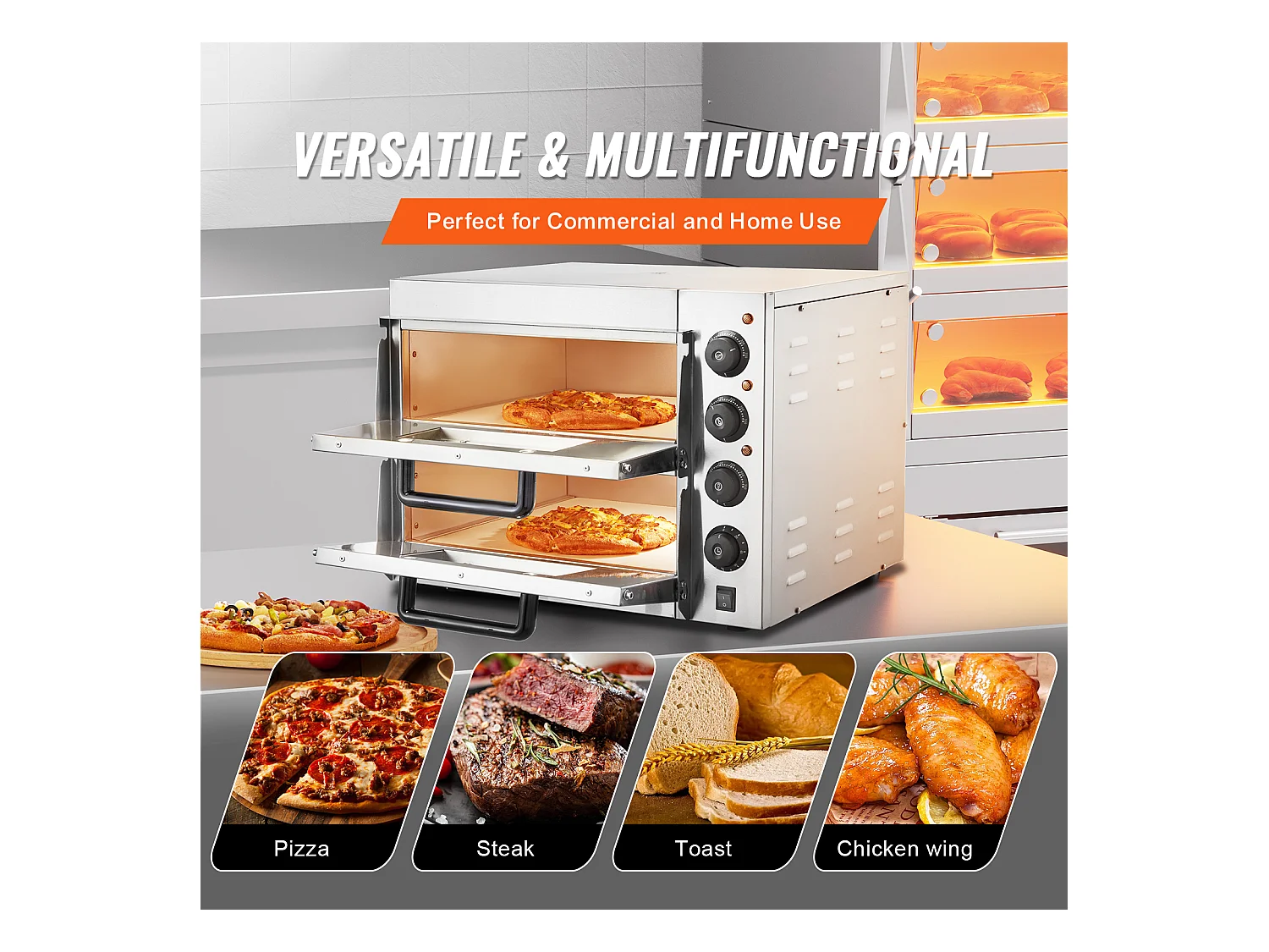 Elektrische Pizzaofen SucceBuy Commercial Fortgeschritten für die Theke – 40,6 cm Doppelte Ebene, Edelstahl, Elektrisches Backvergnügen