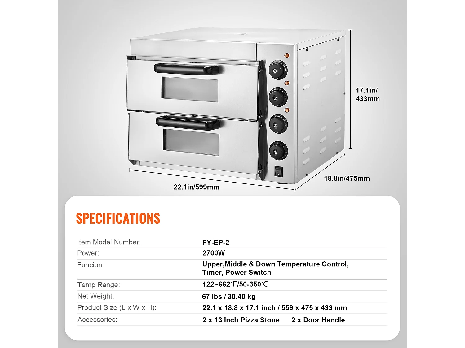 Horno de Pizza Eléctrico SucceBuy Commercial Avanzado de Mostrador – 40,6 cm Doble Nivel, Acero Inoxidable, Placer de Cocción Eléctrico