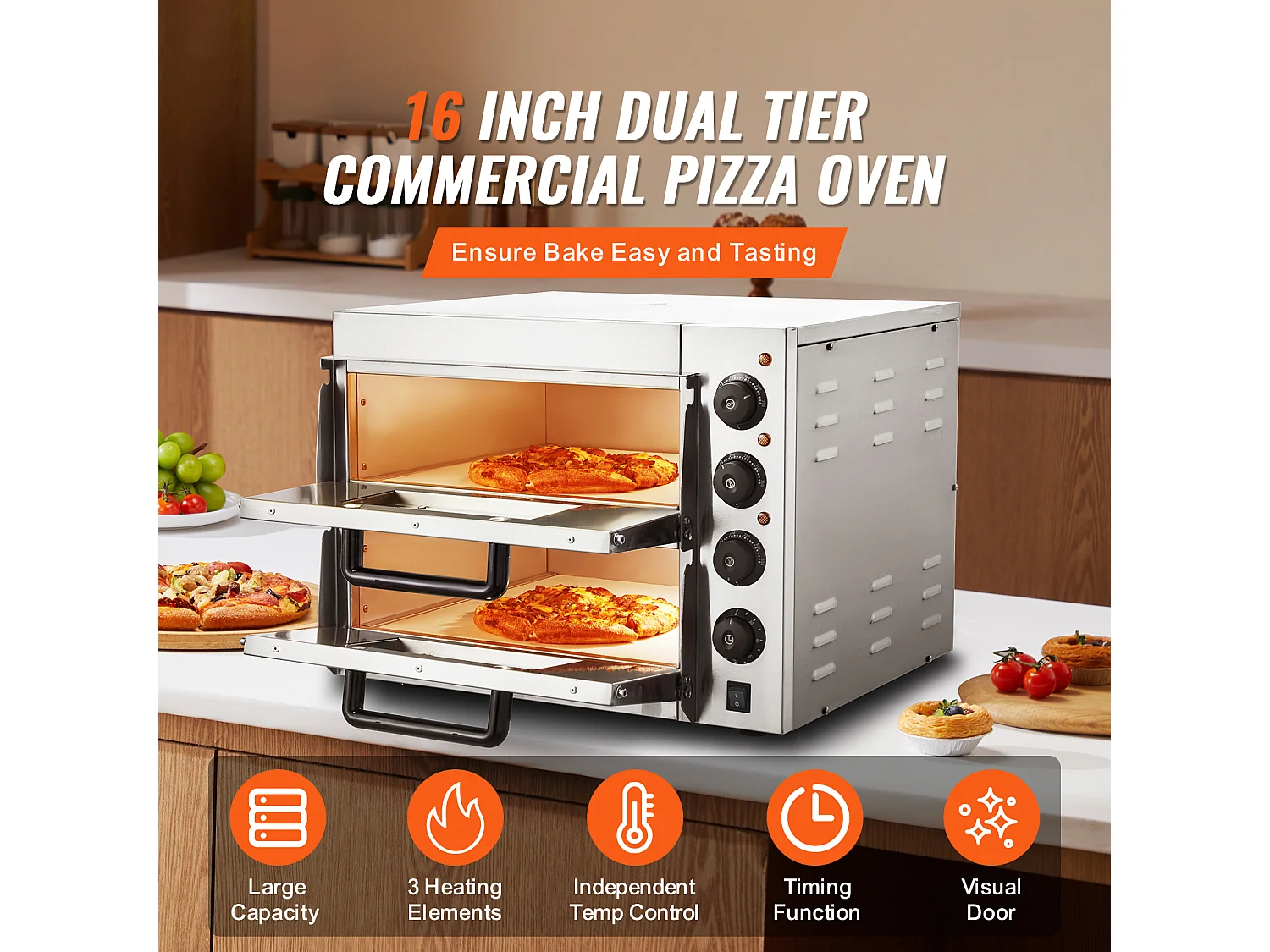 Horno de Pizza Eléctrico SucceBuy Commercial Avanzado de Mostrador – 40,6 cm Doble Nivel, Acero Inoxidable, Placer de Cocción Eléctrico