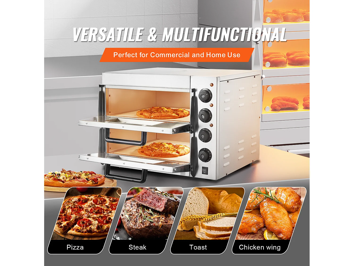 Horno de Pizza Eléctrico SucceBuy Commercial Avanzado de Mostrador – 40,6 cm Doble Nivel, Acero Inoxidable, Placer de Cocción Eléctrico