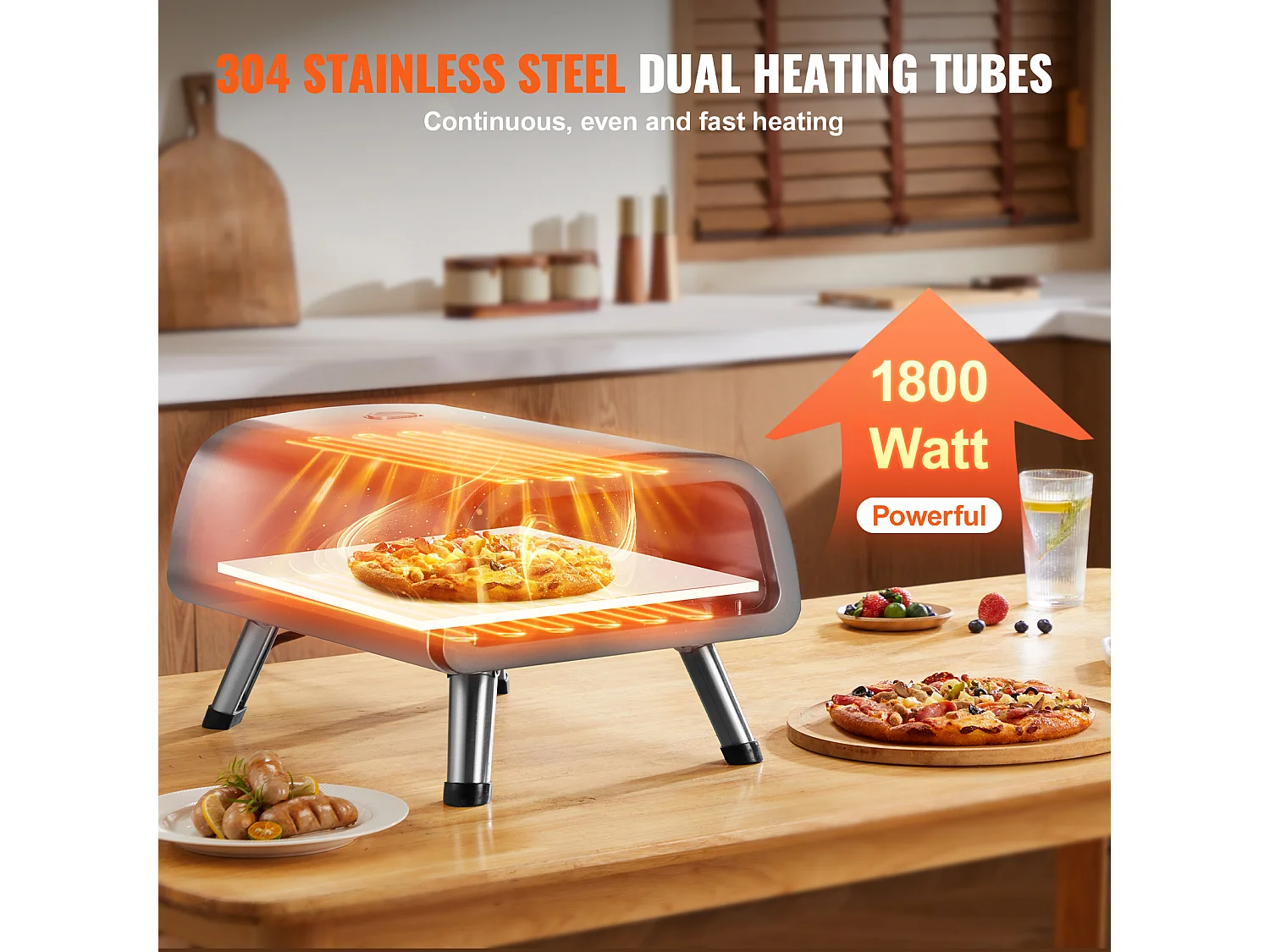 Machine à Pizza électrique 2000W - Plateau 30 Cm Revêtement Antiadhésif - Température Réglable Jusqu'à 440°C - Fenêtre De Visualisation - Pour Famille