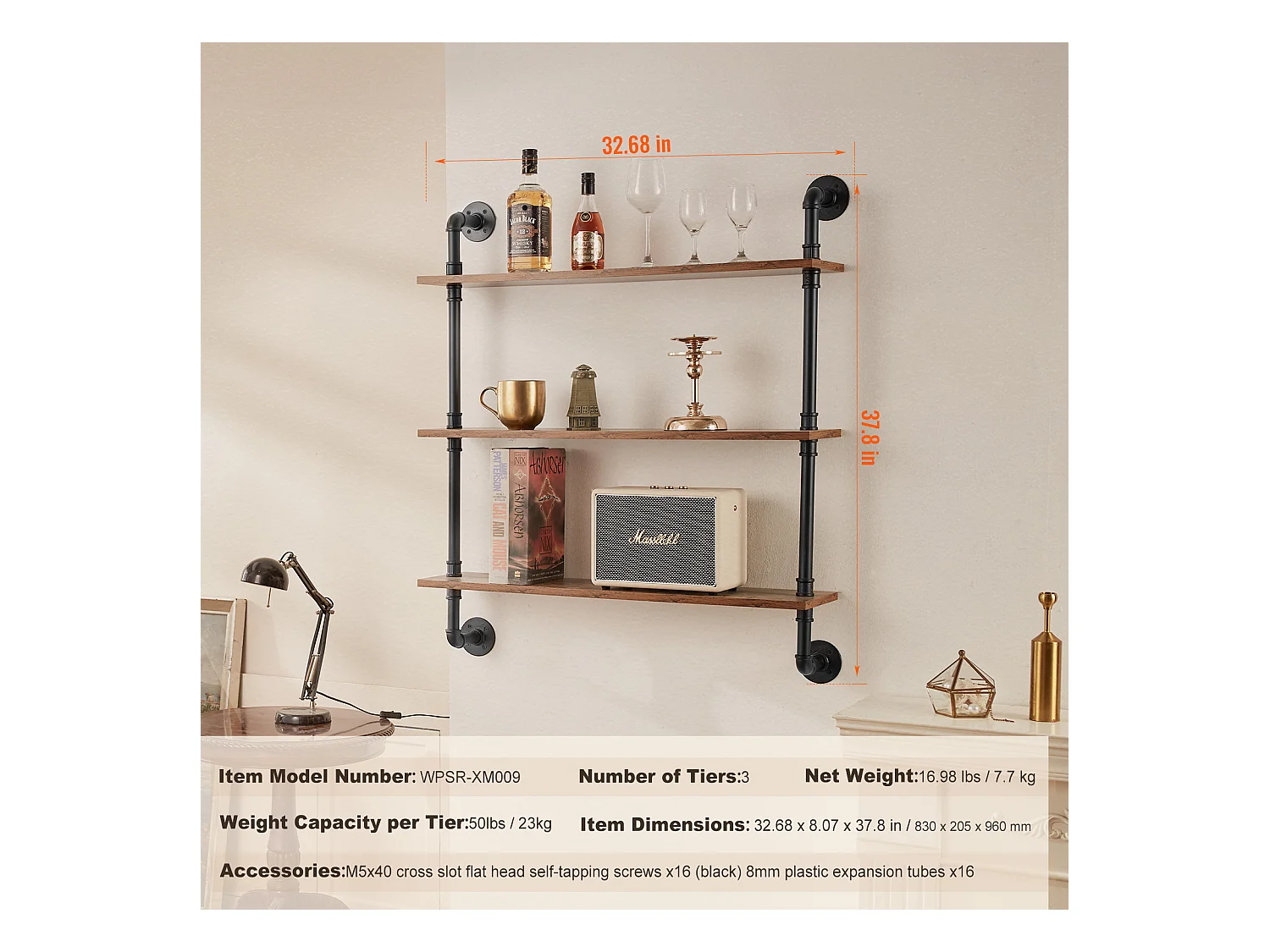 Industriële Pijp Wandplank SucceBuy, 83x20,5 cm, 3 Niveaus, Rustiek Houten Wand Opbergrek