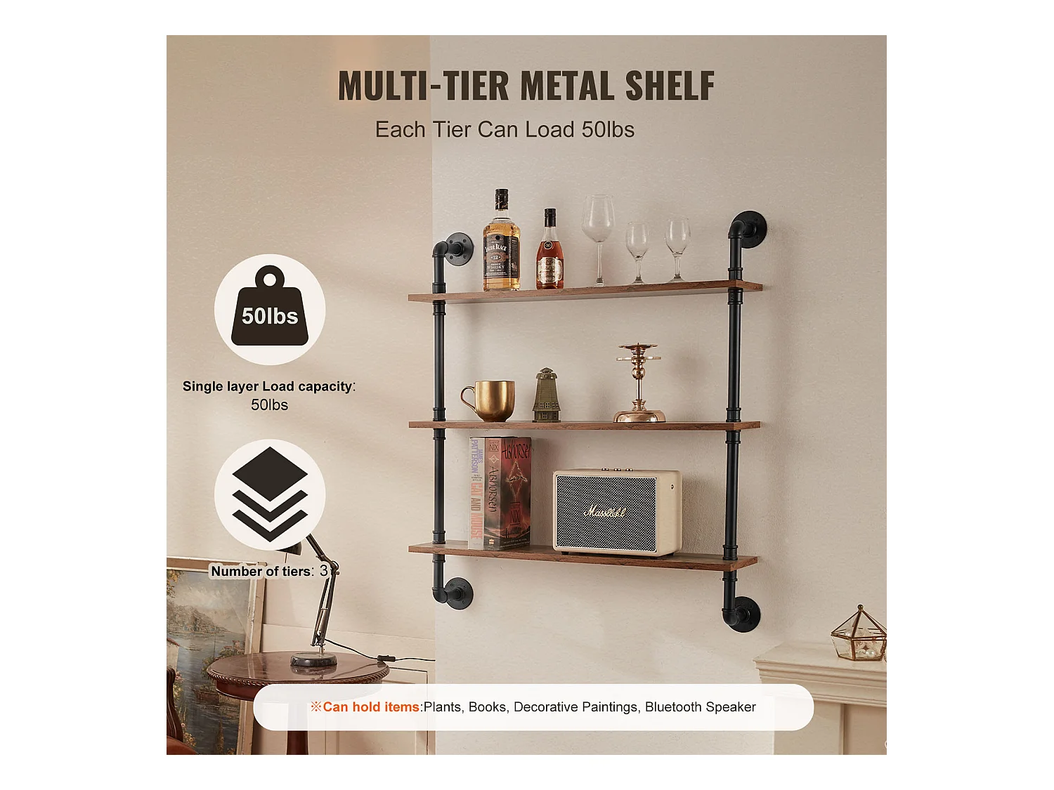 Industriële Pijp Wandplank SucceBuy, 83x20,5 cm, 3 Niveaus, Rustiek Houten Wand Opbergrek