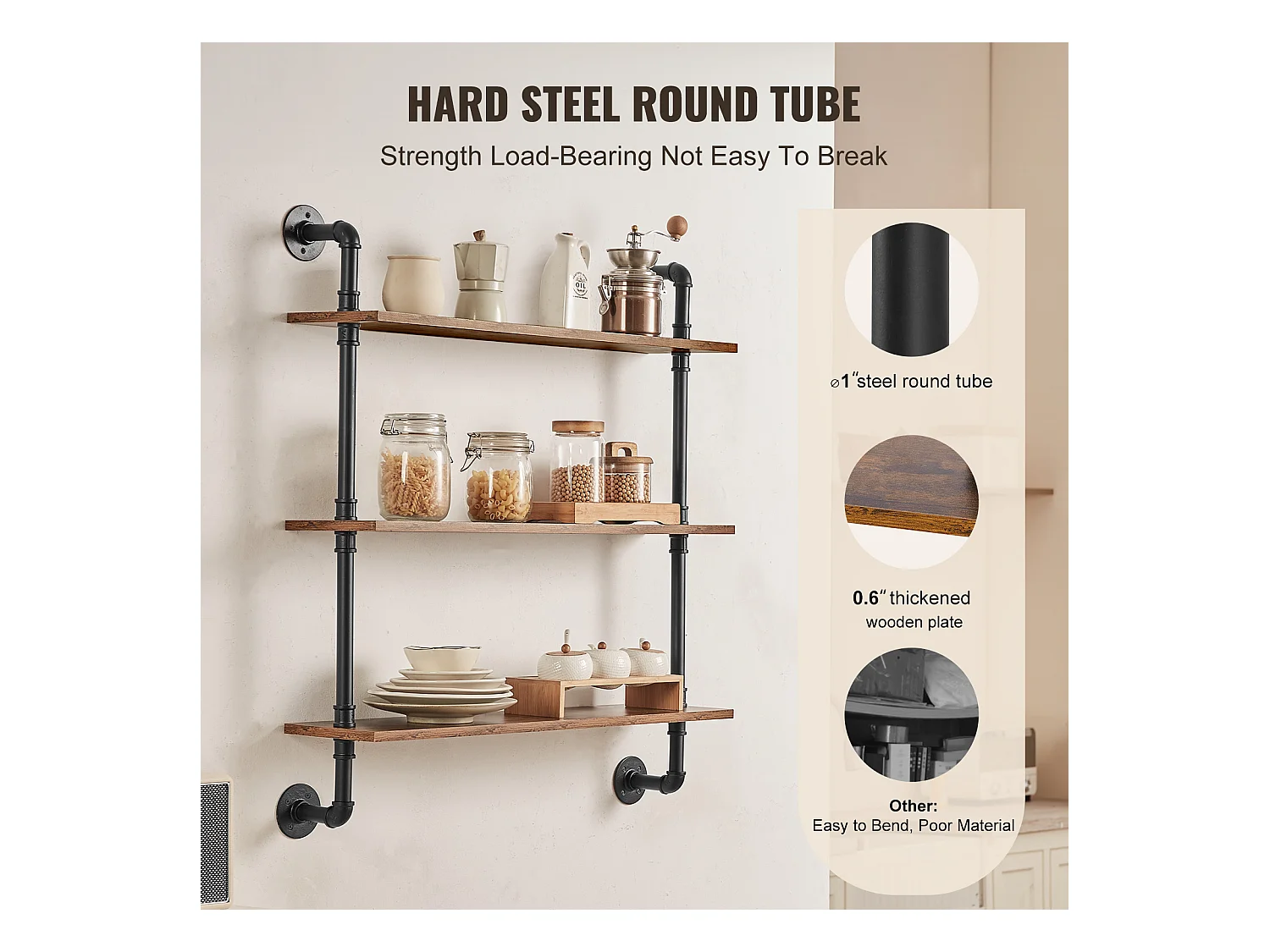 Industriële Pijp Wandplank SucceBuy, 83x20,5 cm, 3 Niveaus, Rustiek Houten Wand Opbergrek