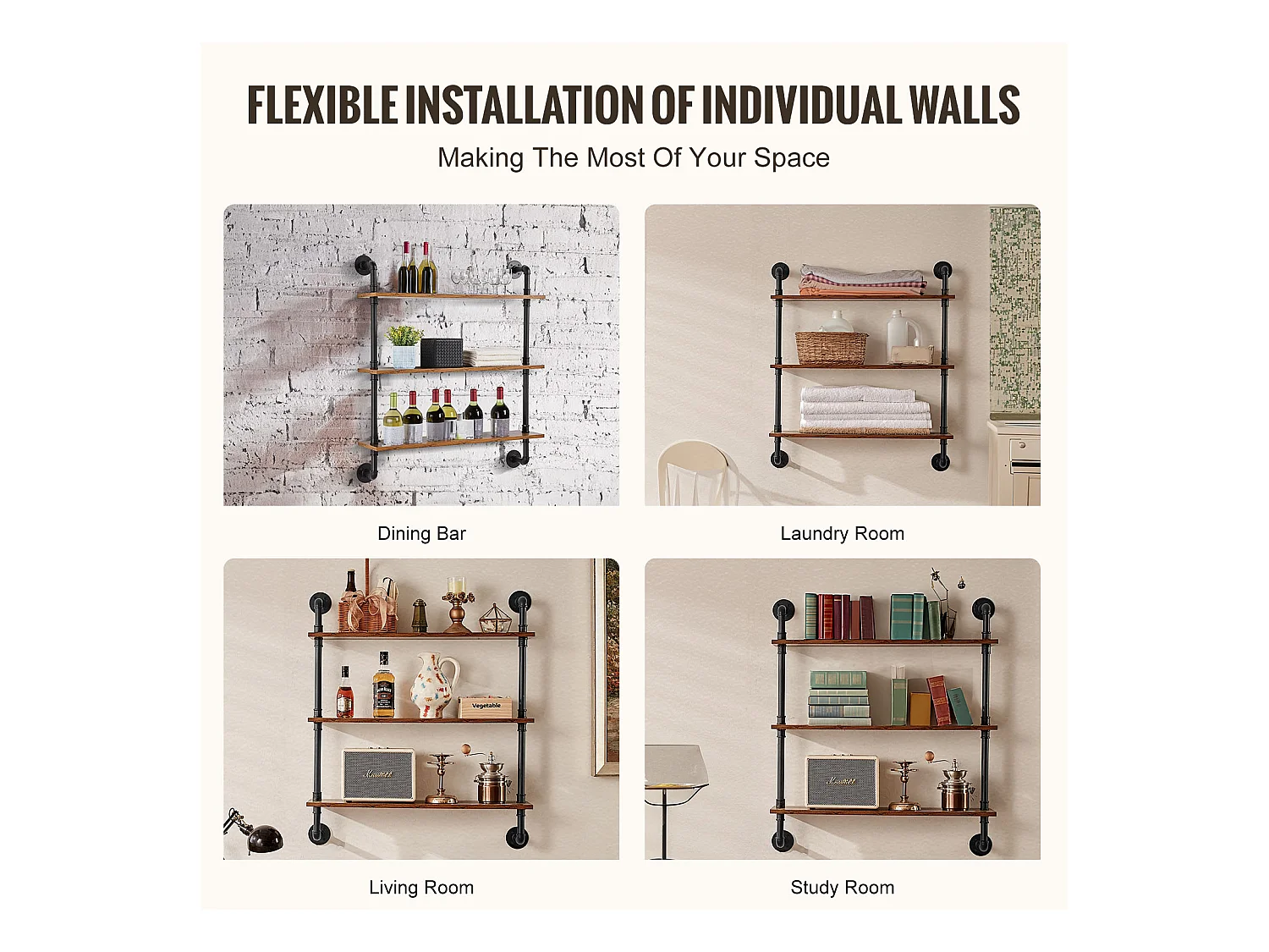 Industriële Pijp Wandplank SucceBuy, 83x20,5 cm, 3 Niveaus, Rustiek Houten Wand Opbergrek