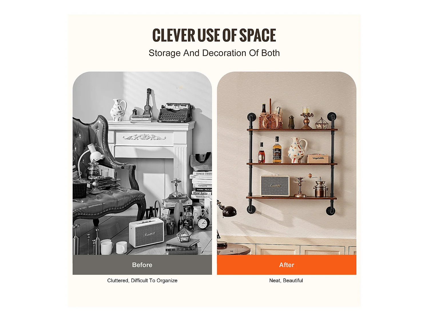 Industriële Pijp Wandplank SucceBuy, 83x20,5 cm, 3 Niveaus, Rustiek Houten Wand Opbergrek