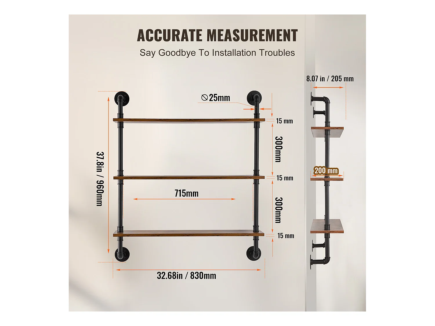 Industriële Pijp Wandplank SucceBuy, 83x20,5 cm, 3 Niveaus, Rustiek Houten Wand Opbergrek