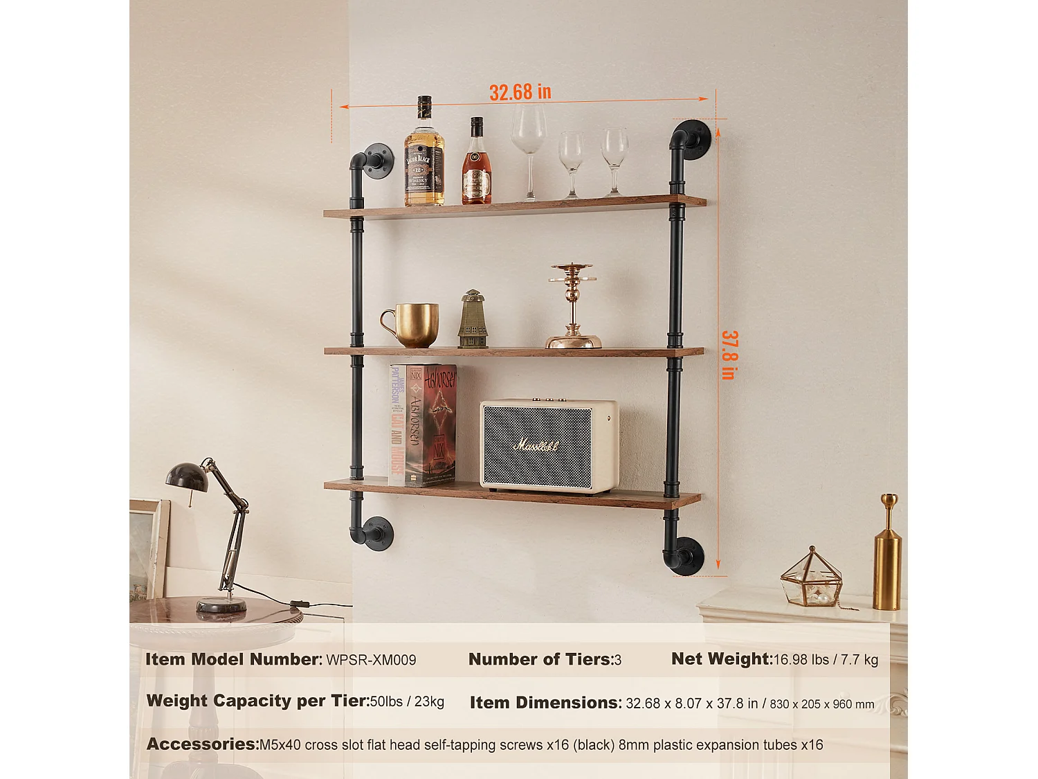 Étagère Murale Tuyau Industrielle SucceBuy, 83x20,5 cm, 3 Niveaux, Support de Rangement Mural en Bois Rustique