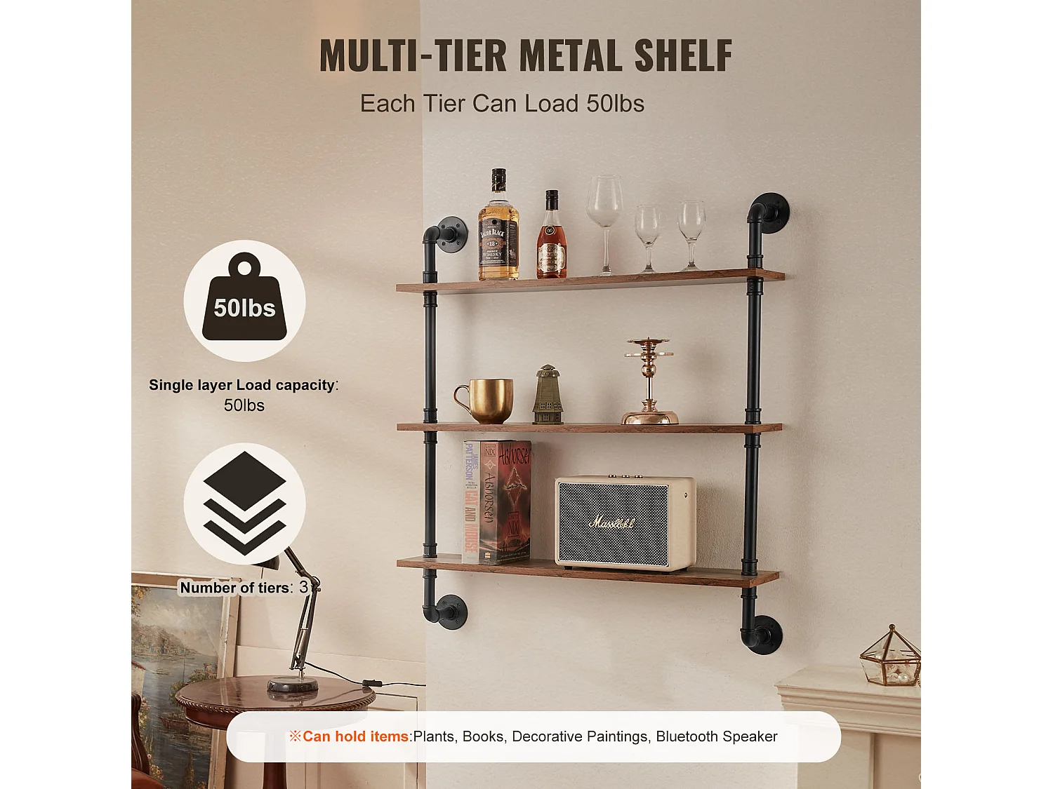 Étagère Murale Tuyau Industrielle SucceBuy, 83x20,5 cm, 3 Niveaux, Support de Rangement Mural en Bois Rustique