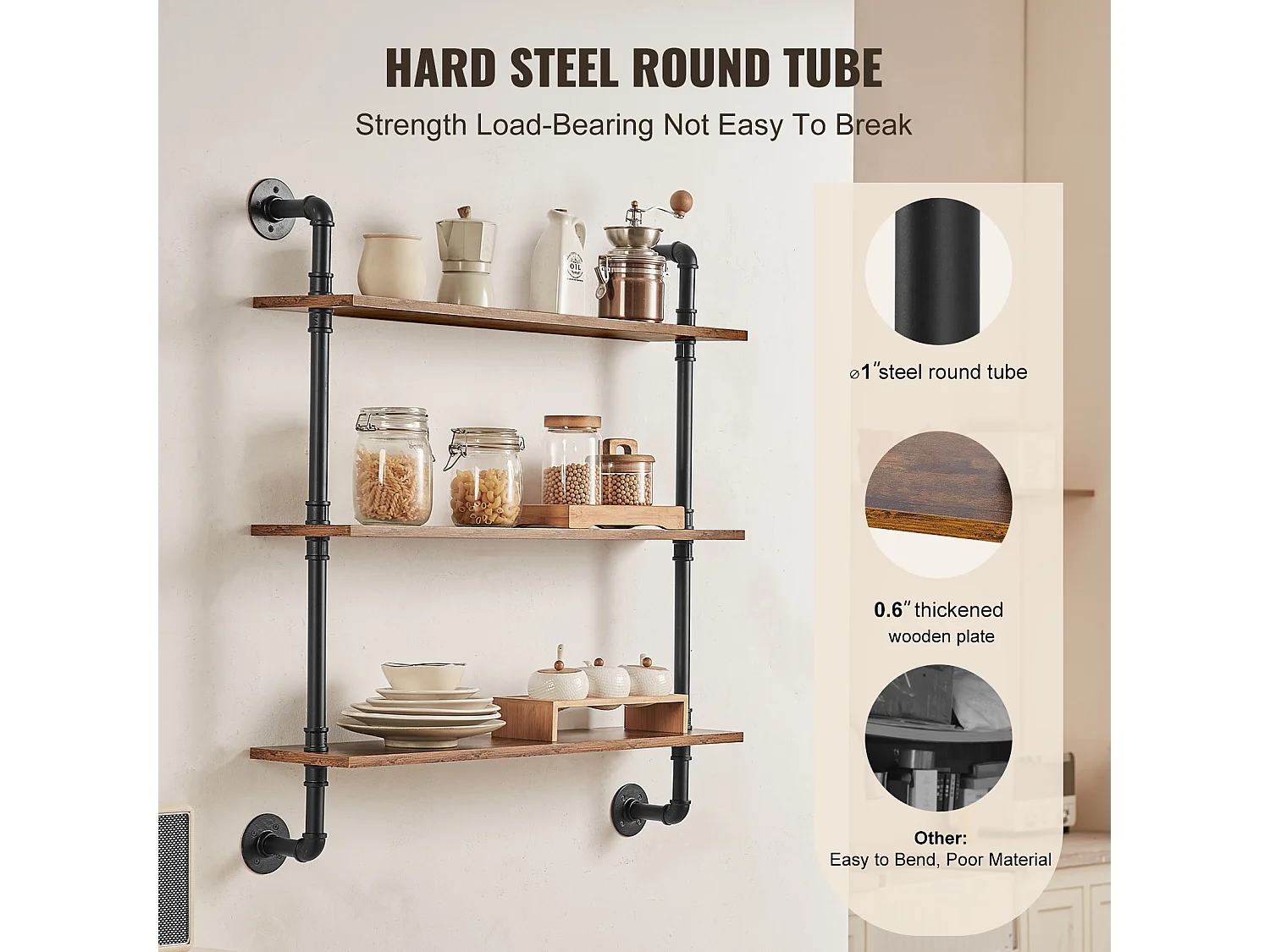 Étagère Murale Tuyau Industrielle SucceBuy, 83x20,5 cm, 3 Niveaux, Support de Rangement Mural en Bois Rustique