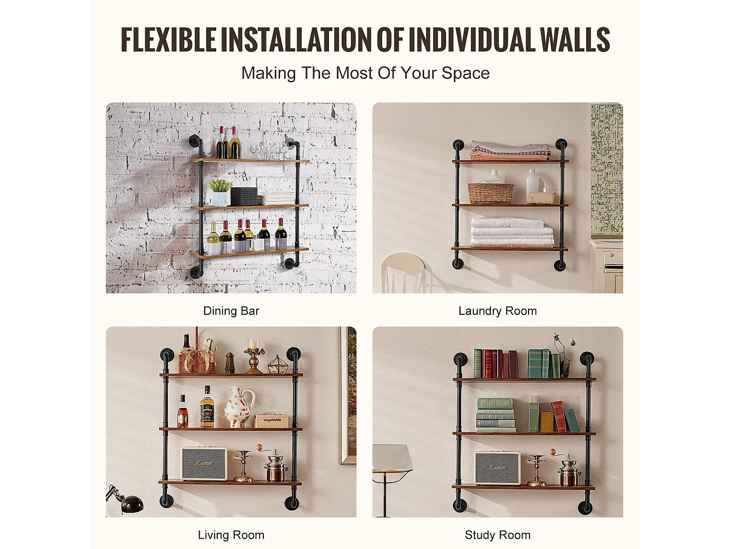 Étagère Murale Tuyau Industrielle SucceBuy, 83x20,5 cm, 3 Niveaux, Support de Rangement Mural en Bois Rustique