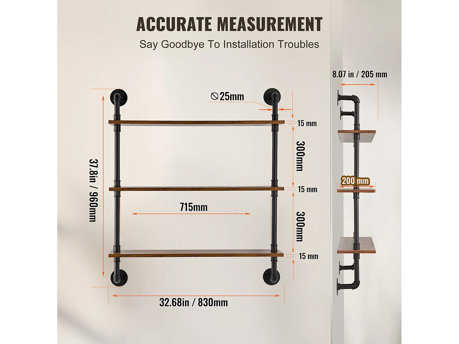 Étagère Murale Tuyau Industrielle SucceBuy, 83x20,5 cm, 3 Niveaux, Support de Rangement Mural en Bois Rustique