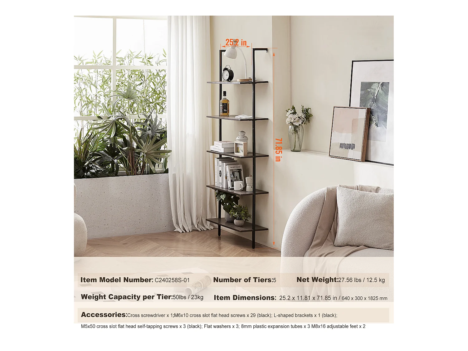 Étagère Mural Industrielle SucceBuy, 5 Niveaux, 64x30 cm, Montage Mural, Bois Rustique, Rangement, Noir