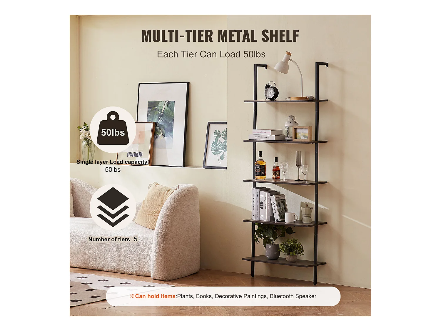 Étagère Mural Industrielle SucceBuy, 5 Niveaux, 64x30 cm, Montage Mural, Bois Rustique, Rangement, Noir