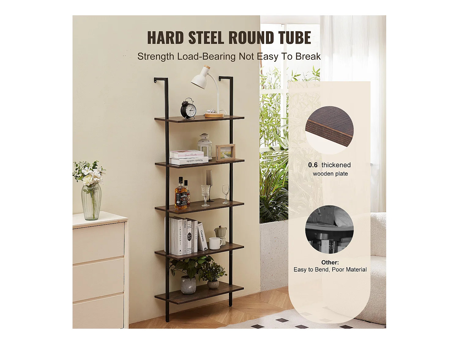 Étagère Mural Industrielle SucceBuy, 5 Niveaux, 64x30 cm, Montage Mural, Bois Rustique, Rangement, Noir