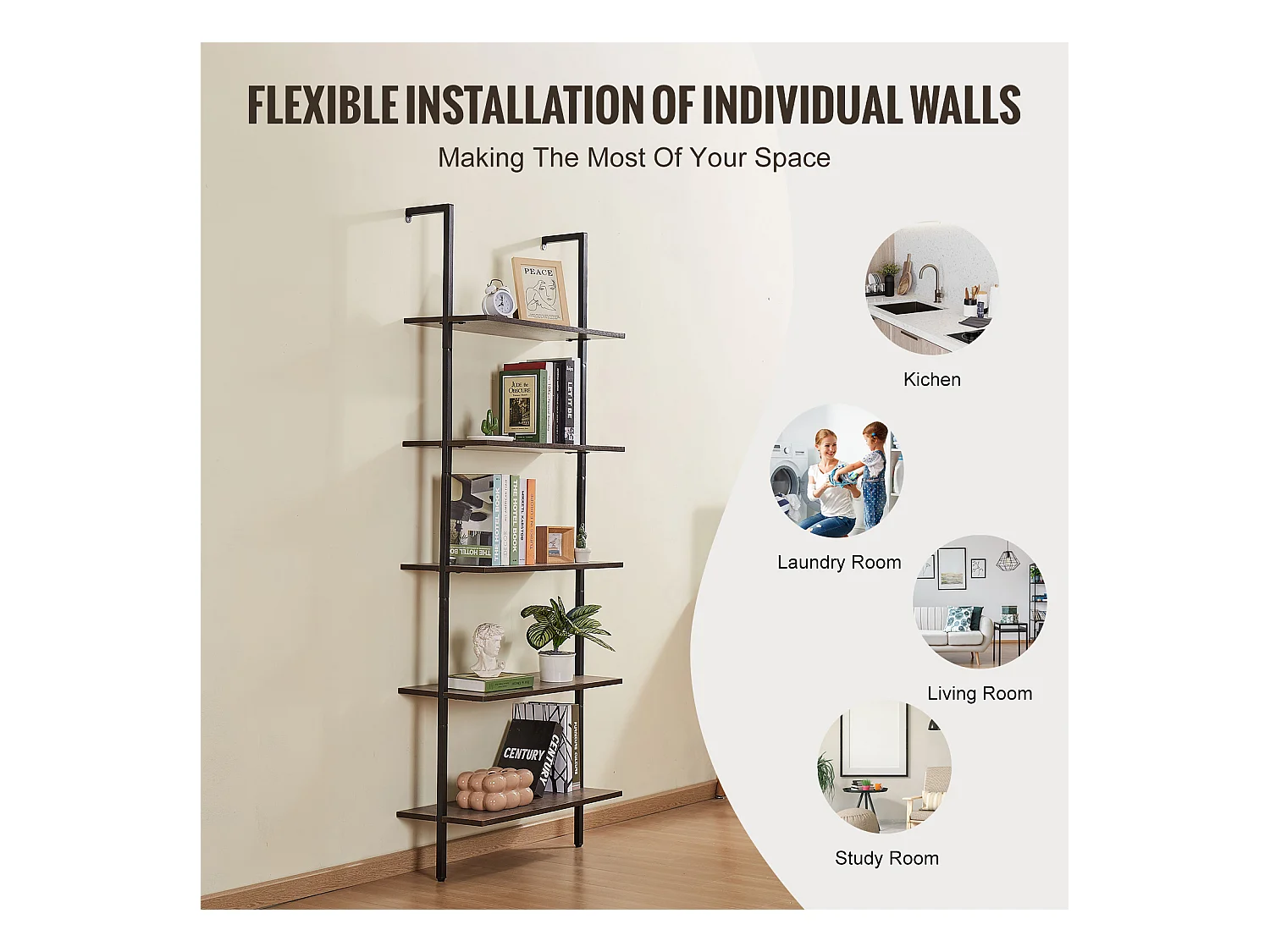 Étagère Mural Industrielle SucceBuy, 5 Niveaux, 64x30 cm, Montage Mural, Bois Rustique, Rangement, Noir