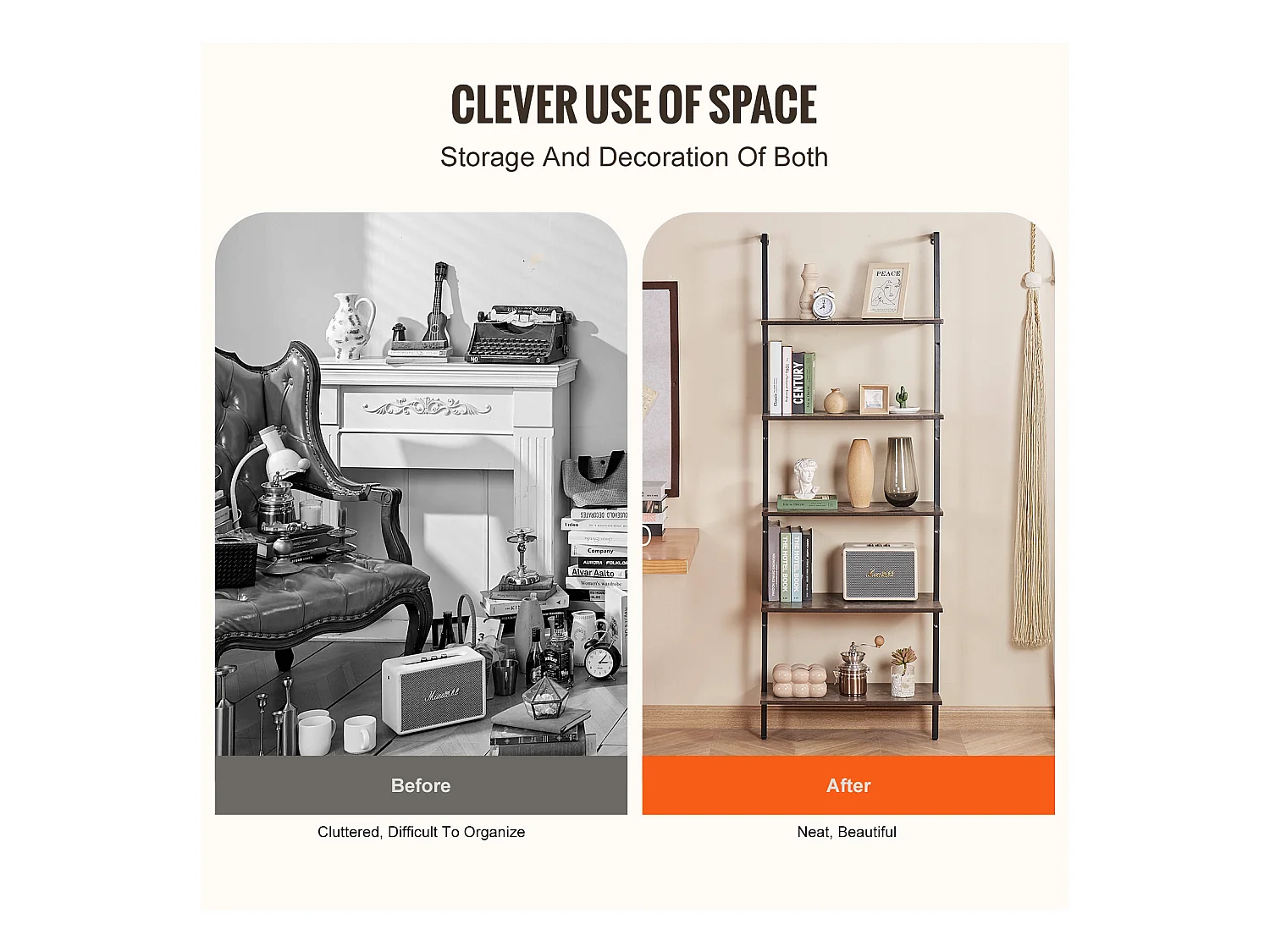 Étagère Mural Industrielle SucceBuy, 5 Niveaux, 64x30 cm, Montage Mural, Bois Rustique, Rangement, Noir