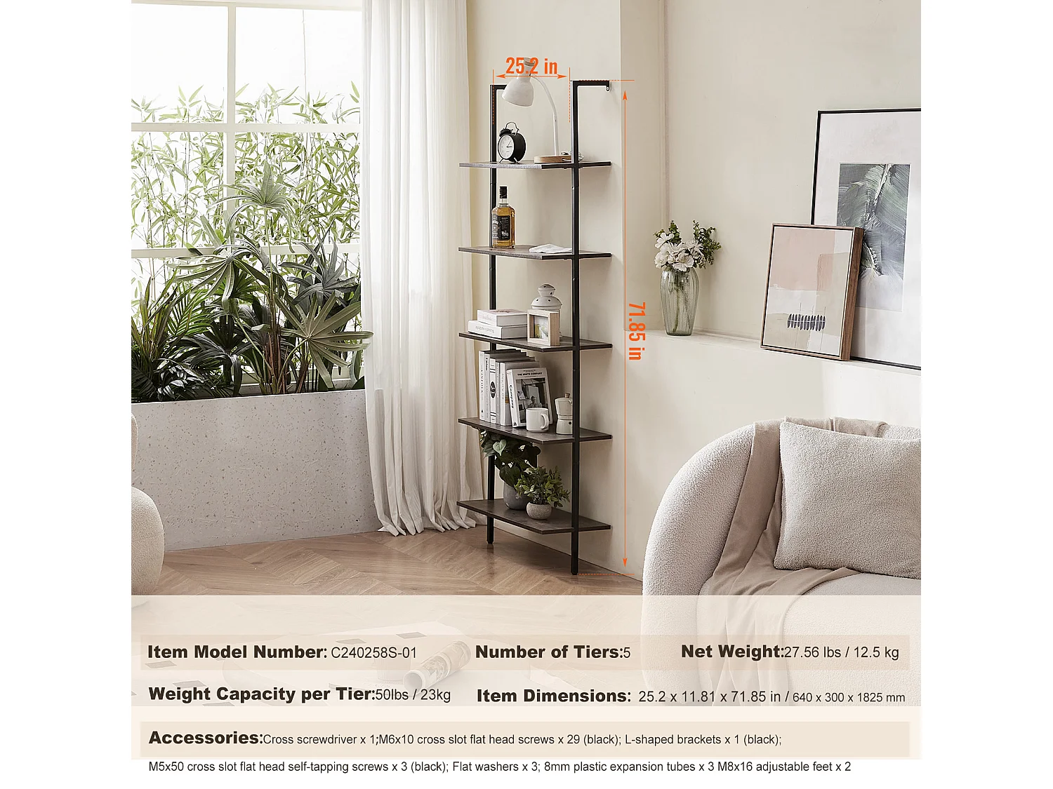 Étagère Mural Industrielle SucceBuy, 5 Niveaux, 64x30 cm, Montage Mural, Bois Rustique, Rangement, Noir