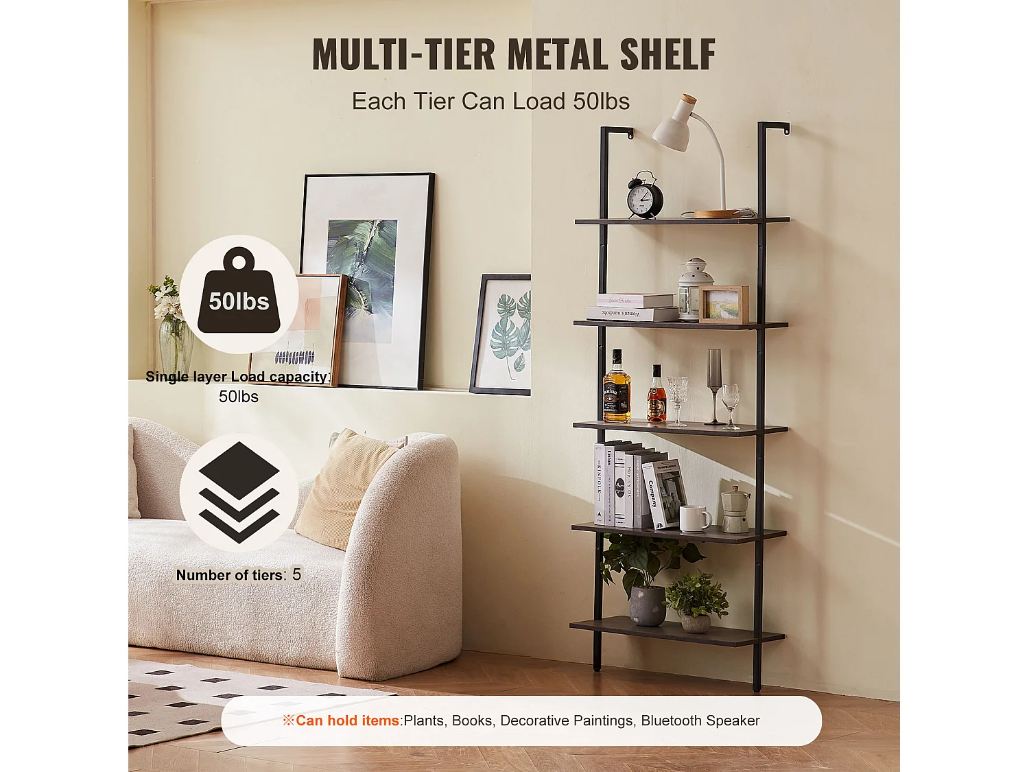 Étagère Mural Industrielle SucceBuy, 5 Niveaux, 64x30 cm, Montage Mural, Bois Rustique, Rangement, Noir