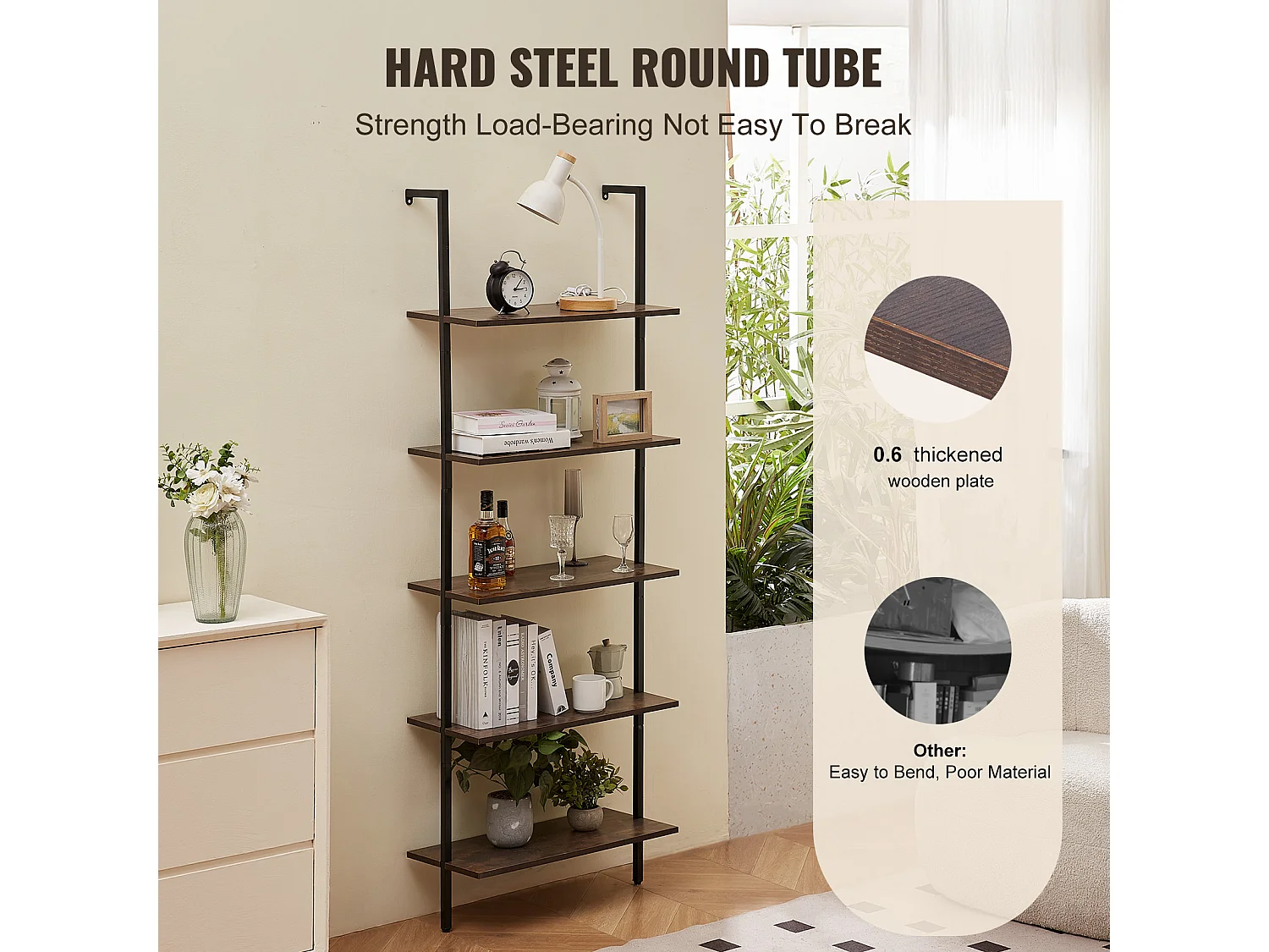 Étagère Mural Industrielle SucceBuy, 5 Niveaux, 64x30 cm, Montage Mural, Bois Rustique, Rangement, Noir