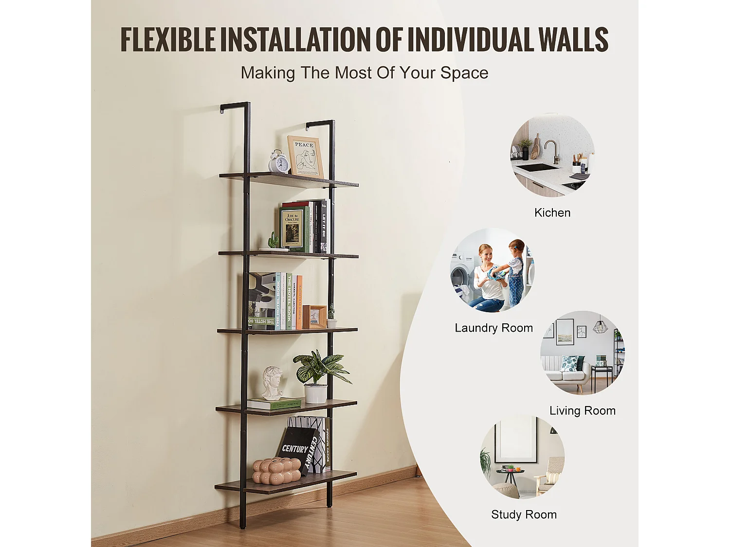 Étagère Mural Industrielle SucceBuy, 5 Niveaux, 64x30 cm, Montage Mural, Bois Rustique, Rangement, Noir