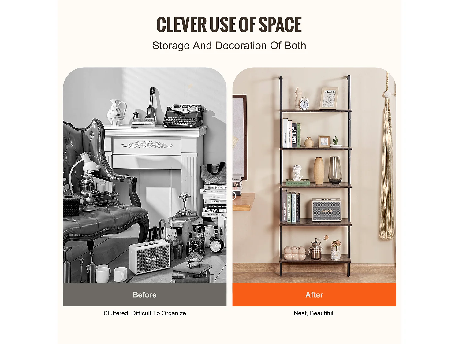 Étagère Mural Industrielle SucceBuy, 5 Niveaux, 64x30 cm, Montage Mural, Bois Rustique, Rangement, Noir