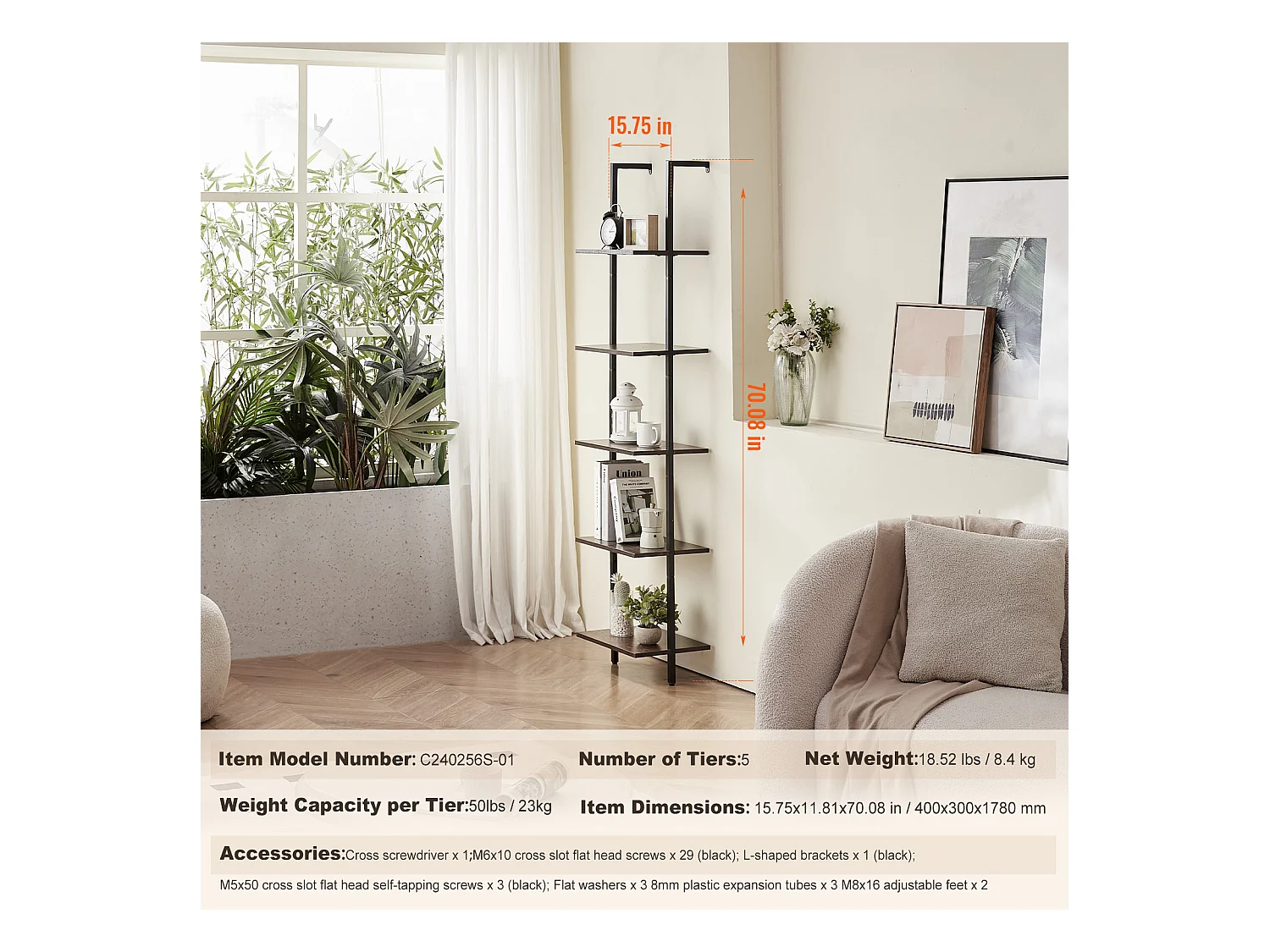 Étagère Mural Industrielle SucceBuy, 5 Niveaux, 40x30 cm, Montage Mural, Bois Rustique, Rangement, Noir