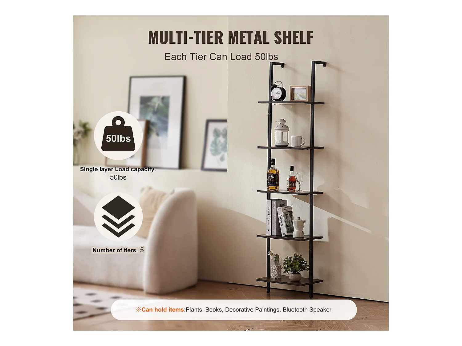 Étagère Mural Industrielle SucceBuy, 5 Niveaux, 40x30 cm, Montage Mural, Bois Rustique, Rangement, Noir