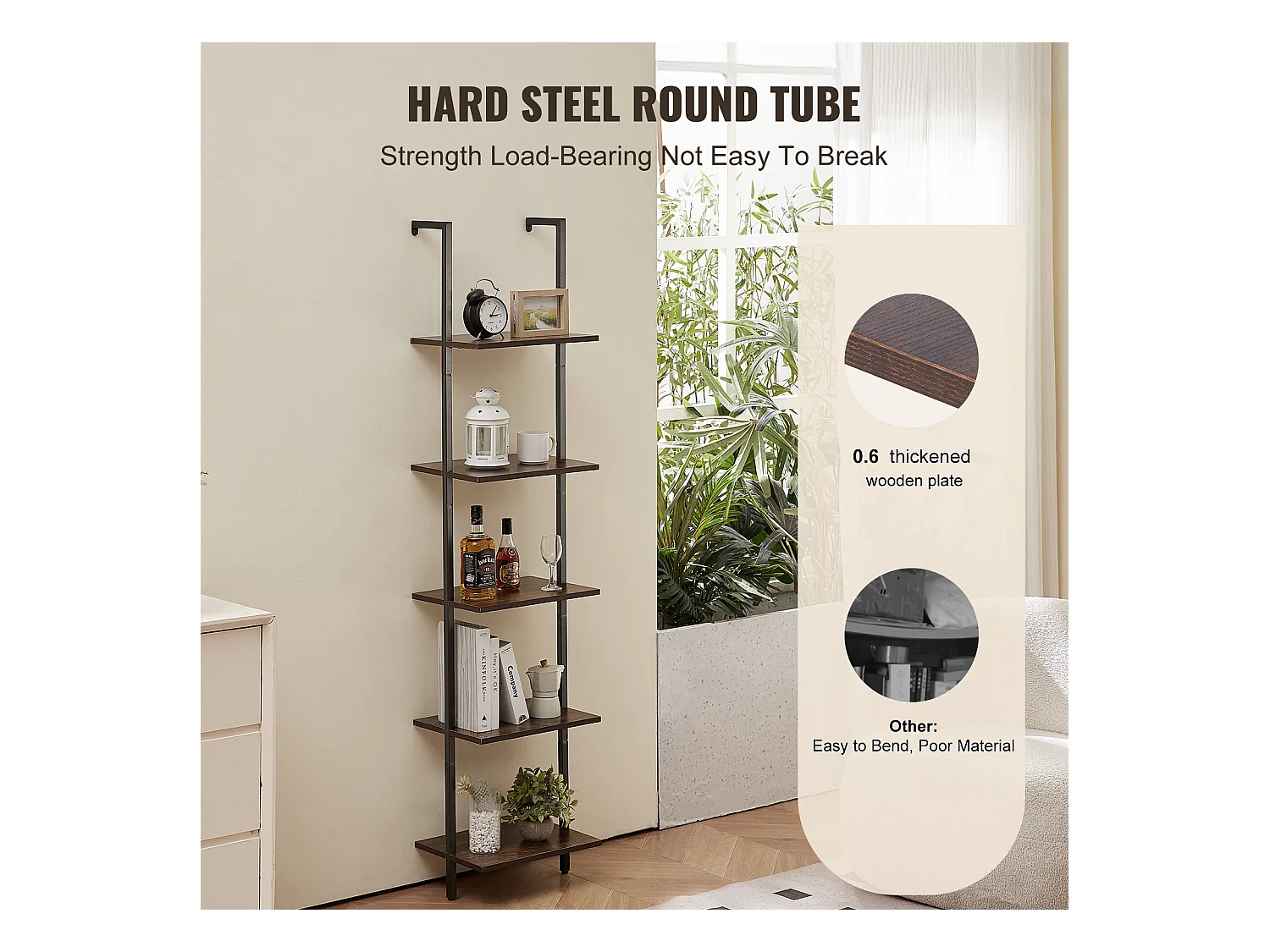 Étagère Mural Industrielle SucceBuy, 5 Niveaux, 40x30 cm, Montage Mural, Bois Rustique, Rangement, Noir