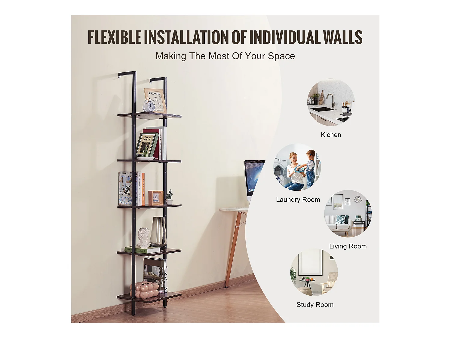 Étagère Mural Industrielle SucceBuy, 5 Niveaux, 40x30 cm, Montage Mural, Bois Rustique, Rangement, Noir