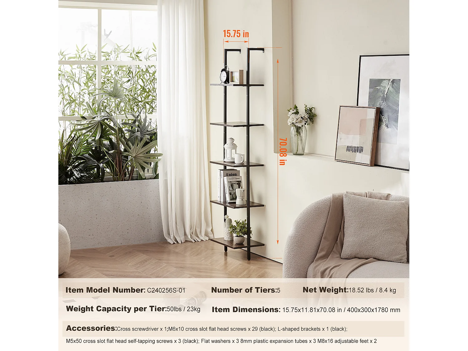 Étagère Mural Industrielle SucceBuy, 5 Niveaux, 40x30 cm, Montage Mural, Bois Rustique, Rangement, Noir