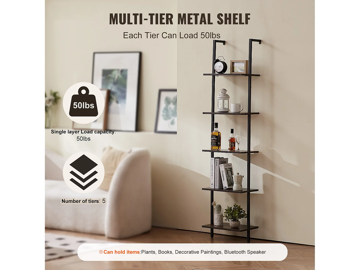 Étagère Mural Industrielle SucceBuy, 5 Niveaux, 40x30 cm, Montage Mural, Bois Rustique, Rangement, Noir