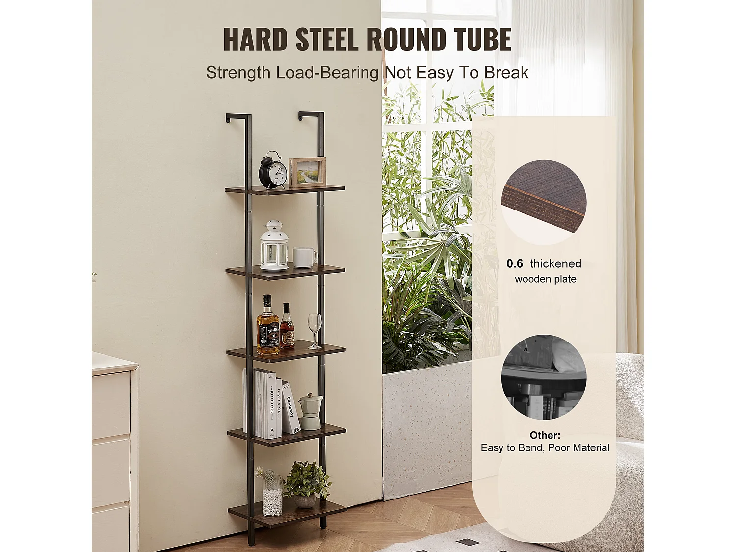 Étagère Mural Industrielle SucceBuy, 5 Niveaux, 40x30 cm, Montage Mural, Bois Rustique, Rangement, Noir