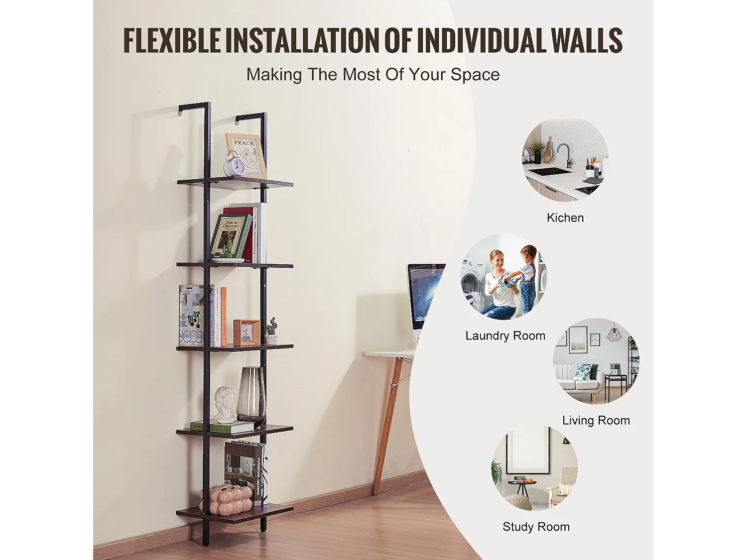 Étagère Mural Industrielle SucceBuy, 5 Niveaux, 40x30 cm, Montage Mural, Bois Rustique, Rangement, Noir