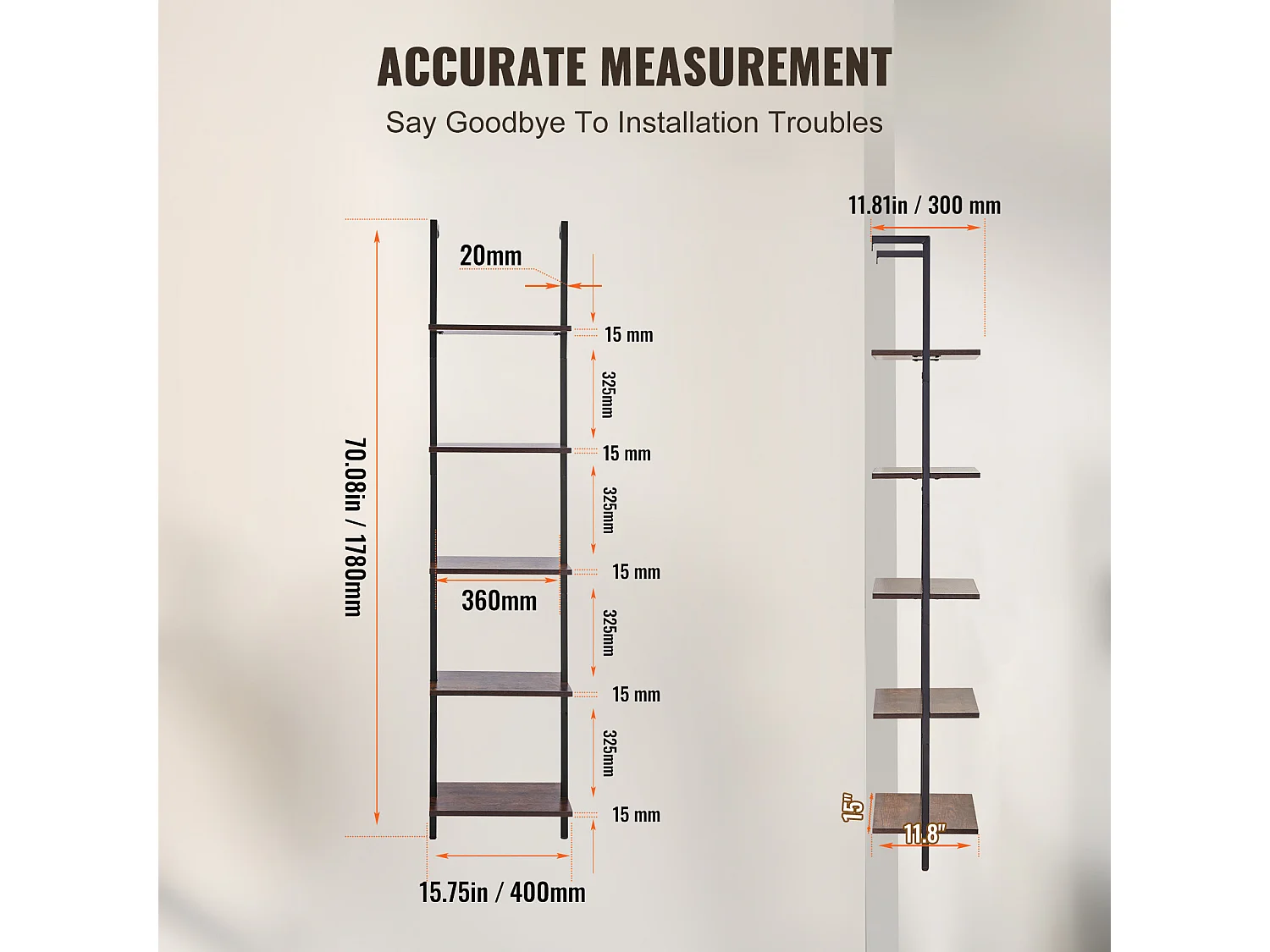Étagère Mural Industrielle SucceBuy, 5 Niveaux, 40x30 cm, Montage Mural, Bois Rustique, Rangement, Noir