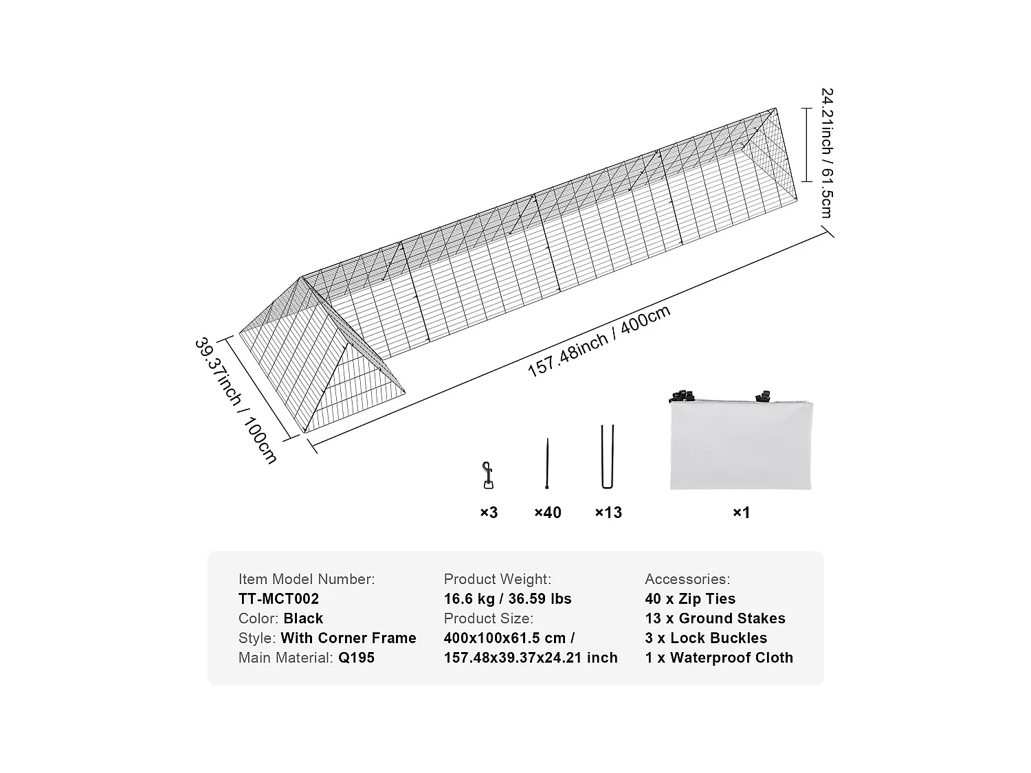 Kipkooihek SucceBuy, 400 x 100 x 61cm, Draagbare Buitentunnel, Groen, voor Kippen, Eenden, Konijnen, Groen