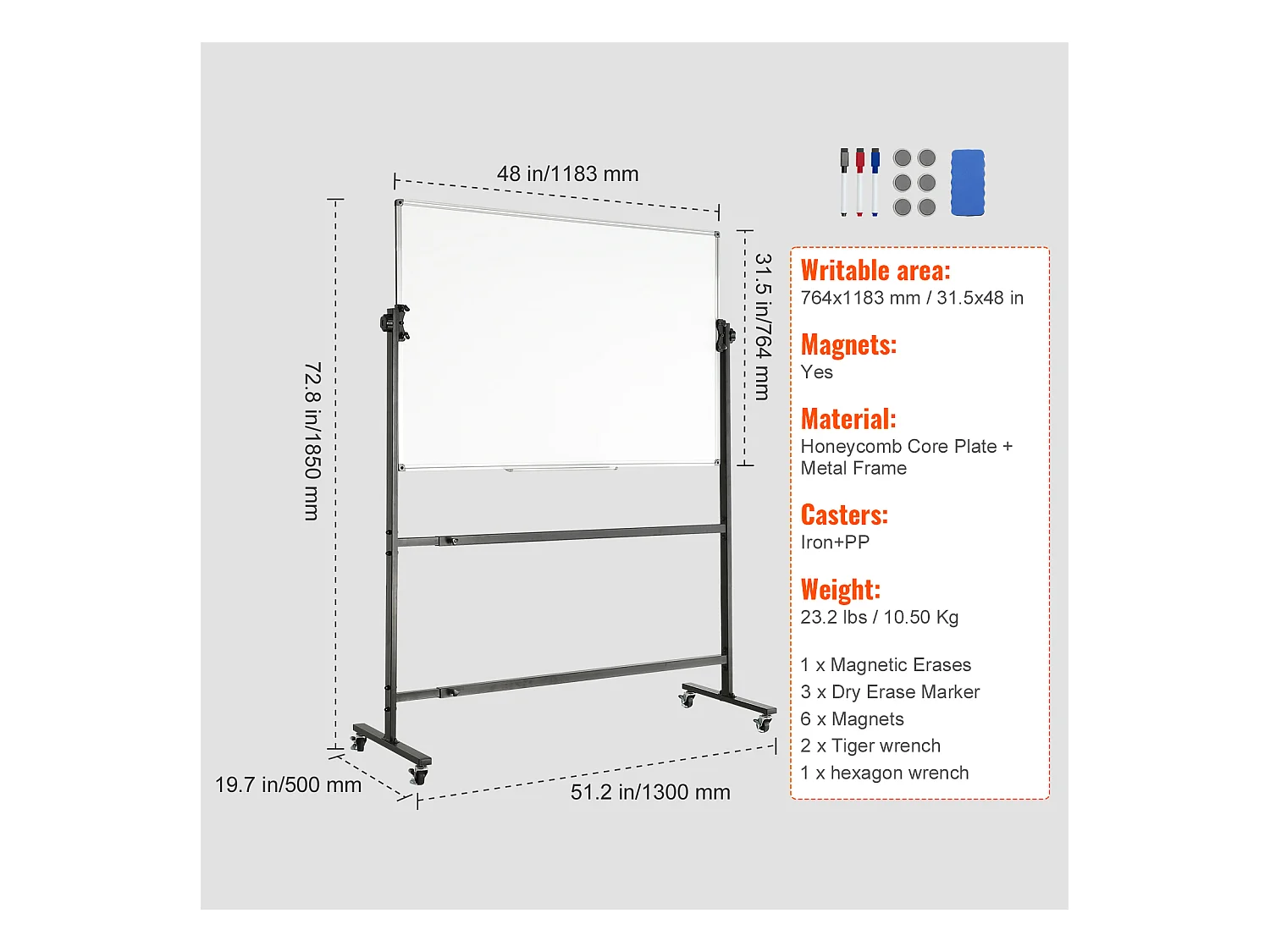 Tableau Blanc Magnetique SucceBuy Tableau Blanc Magnétique Roulant 118.3 x 76.4 cm, Mobile Double Face