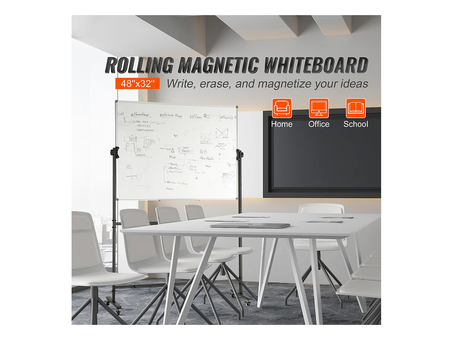 Tableau Blanc Magnetique SucceBuy Tableau Blanc Magnétique Roulant 118.3 x 76.4 cm, Mobile Double Face