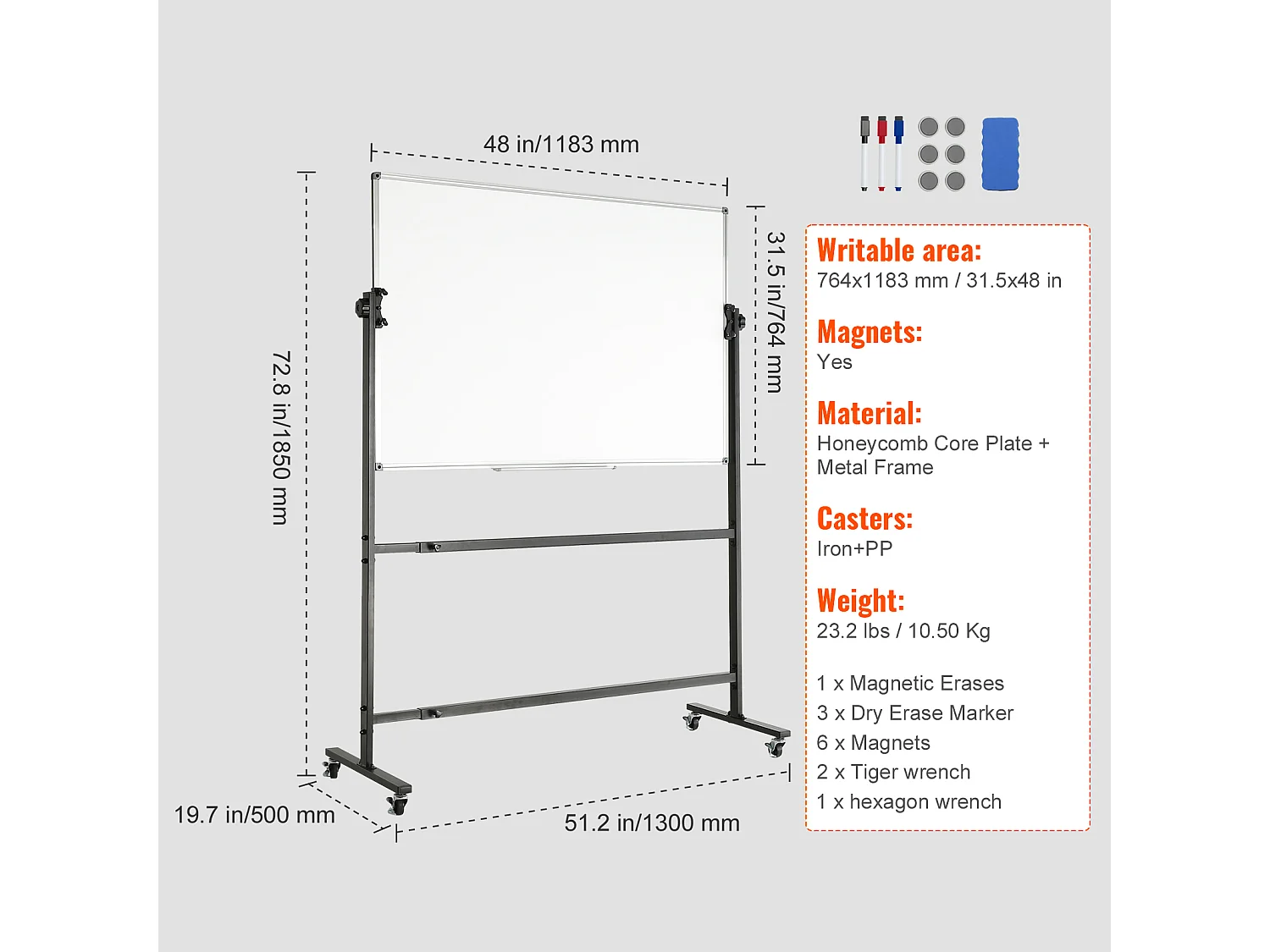 Tableau Blanc Magnetique SucceBuy Tableau Blanc Magnétique Roulant 118.3 x 76.4 cm, Mobile Double Face