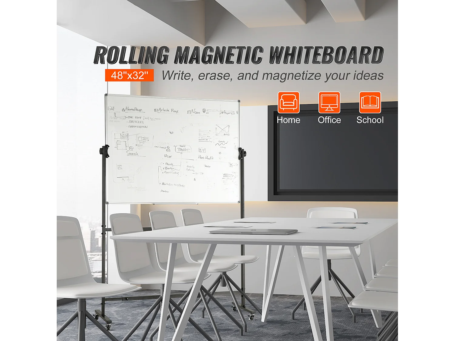 Tableau Blanc Magnetique SucceBuy Tableau Blanc Magnétique Roulant 118.3 x 76.4 cm, Mobile Double Face