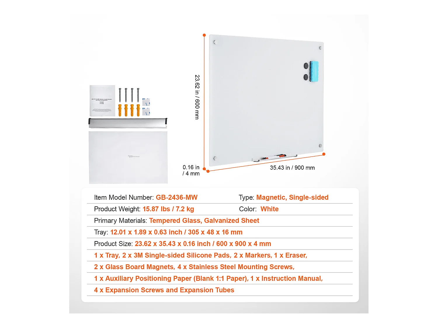 Tableau Blanc Magnétique en Verre SucceBuy, 90 x 60cm, Effaçable à Sec Sans Cadre