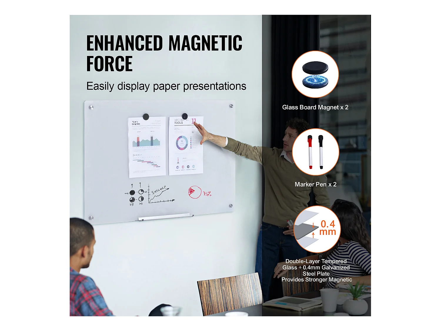 Tableau Blanc Magnétique en Verre SucceBuy, 90 x 60cm, Effaçable à Sec Sans Cadre