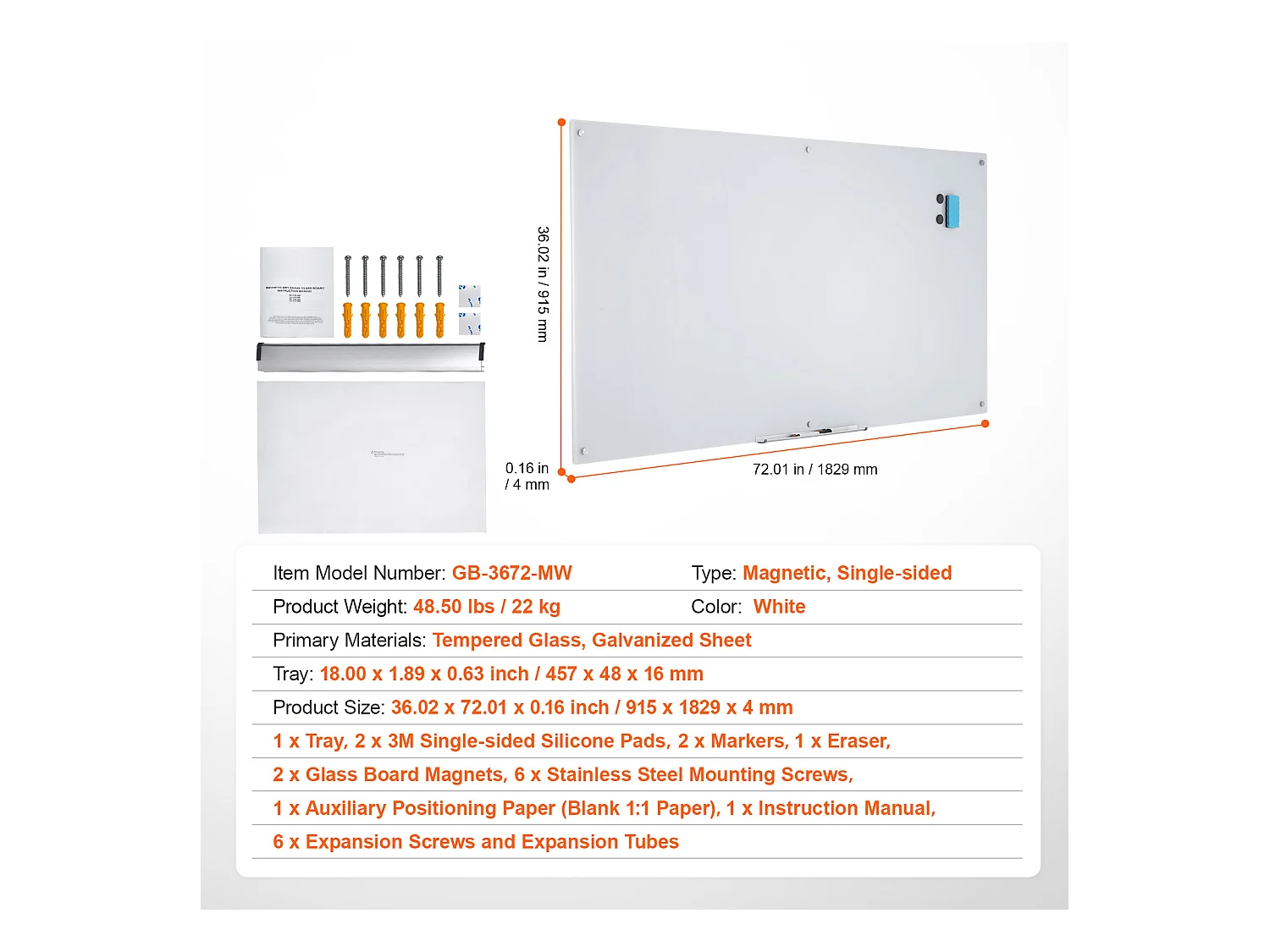 Tableau Blanc Magnétique en Verre SucceBuy, 182,9x91,5 cm, Effaçable à Sec Sans Cadre